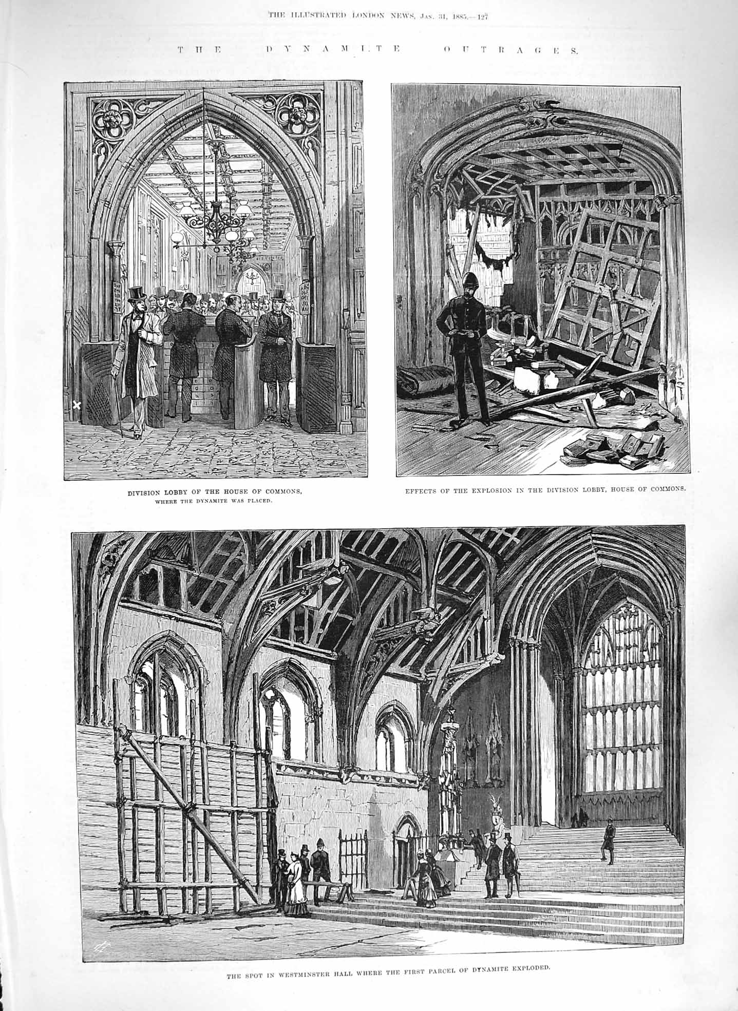 Original Old Antique Print 1885 Dynamite Westminster House Commons Tower London