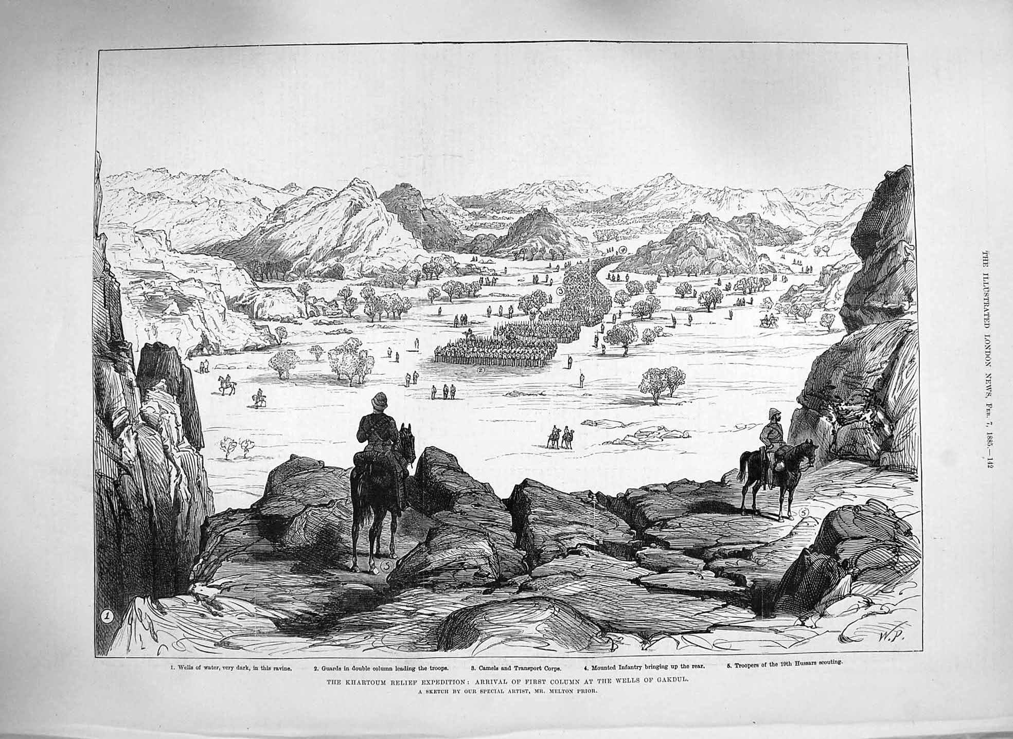 Original Old Antique Print 1885 Khartoum Wells Gakdul Hussars Wounded Siers War