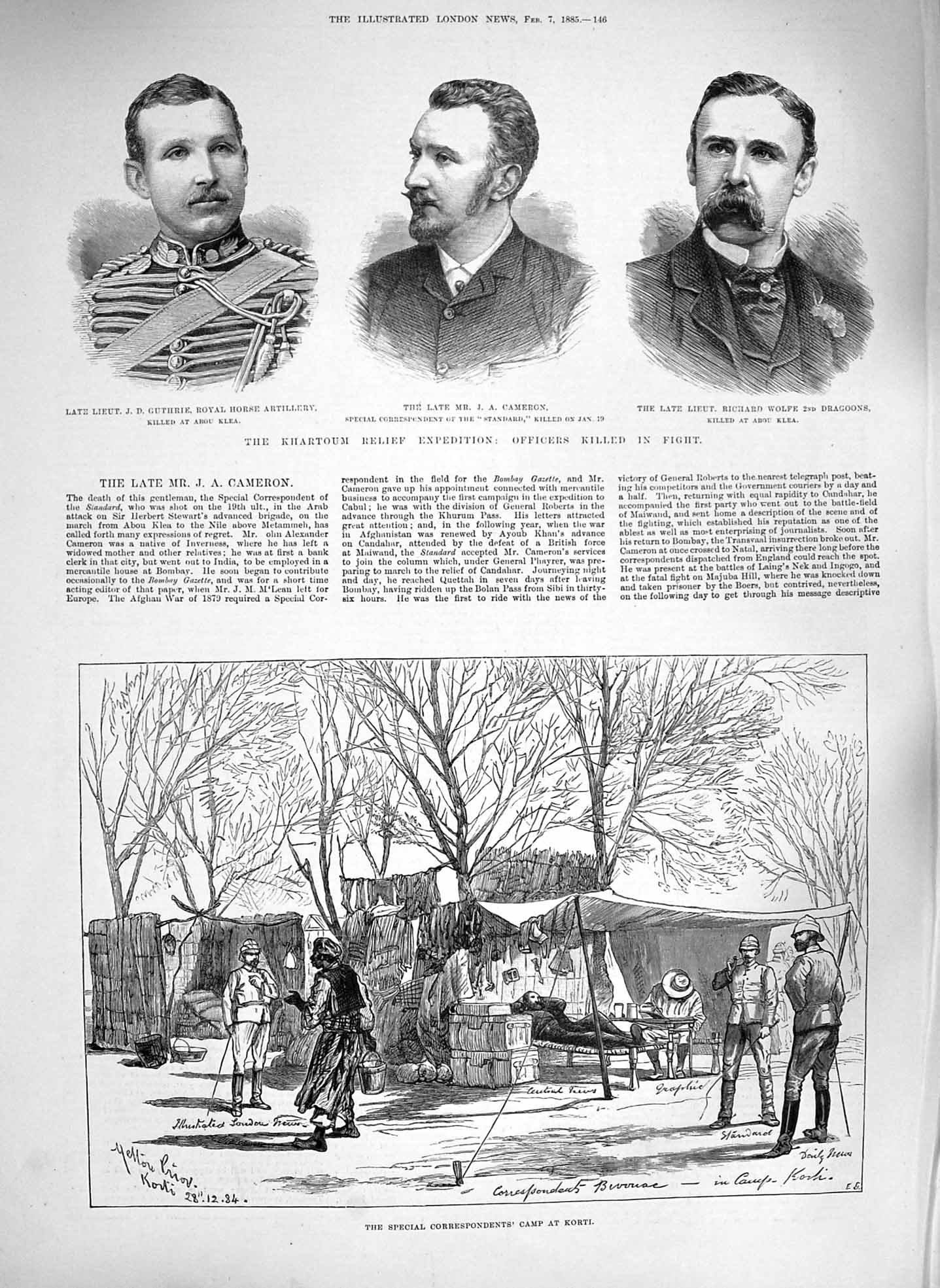 Old Antique Print 1885 Camp Korti Khartoum Guthrie Cameron Wolfe Dragoons 19th