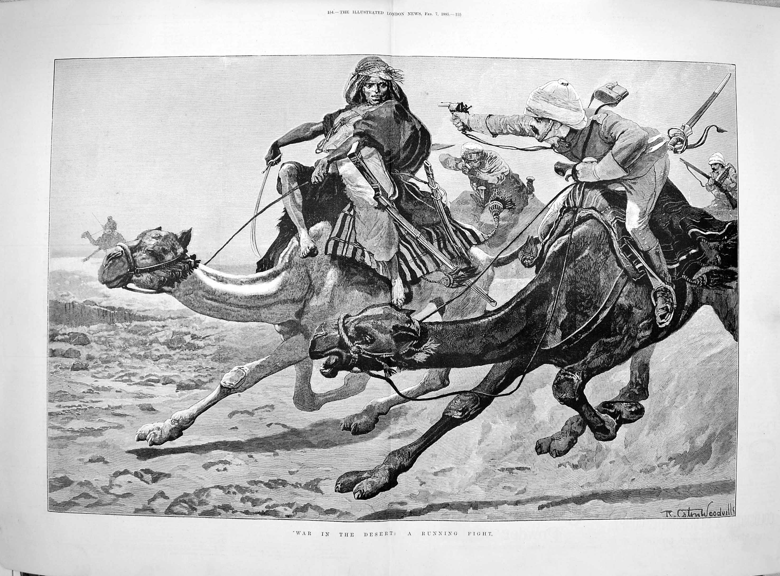 Original Old Antique Print 1885 War Desert Camels Running Fight Siers F 19th