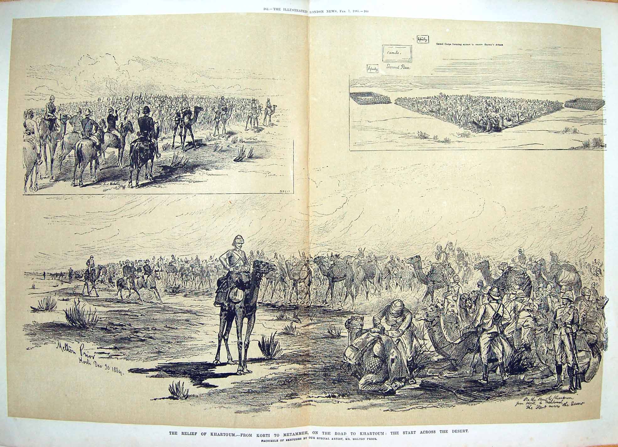 Original Old Antique Print 1885 Khartoum Korti Metammeh Hussars Camels Soudan