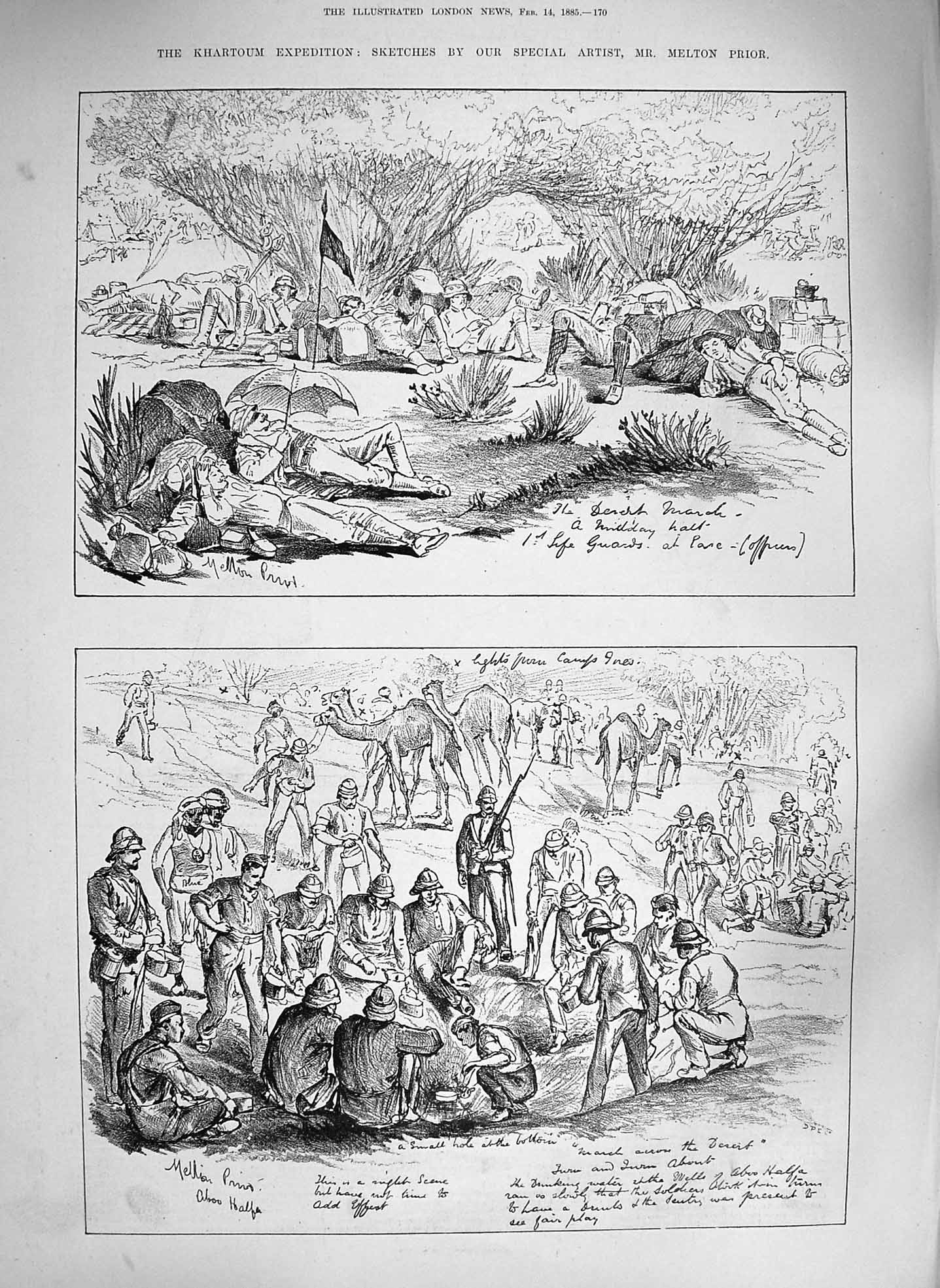 Original Old Antique Print 1885 Khartoum Melton Prior Camels Halfa War Siers