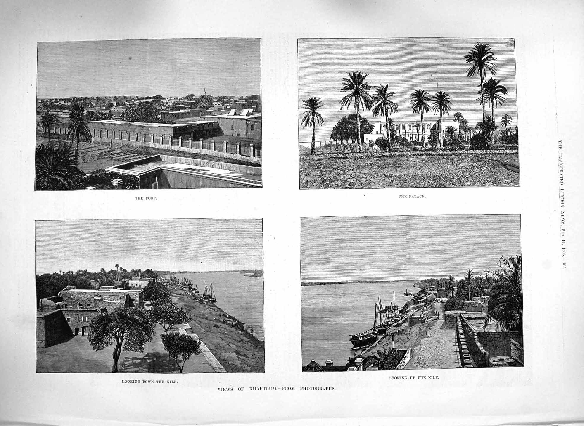 Original Old Antique Print 1885 Khartoum Fort Palace River Nile War Fine Art