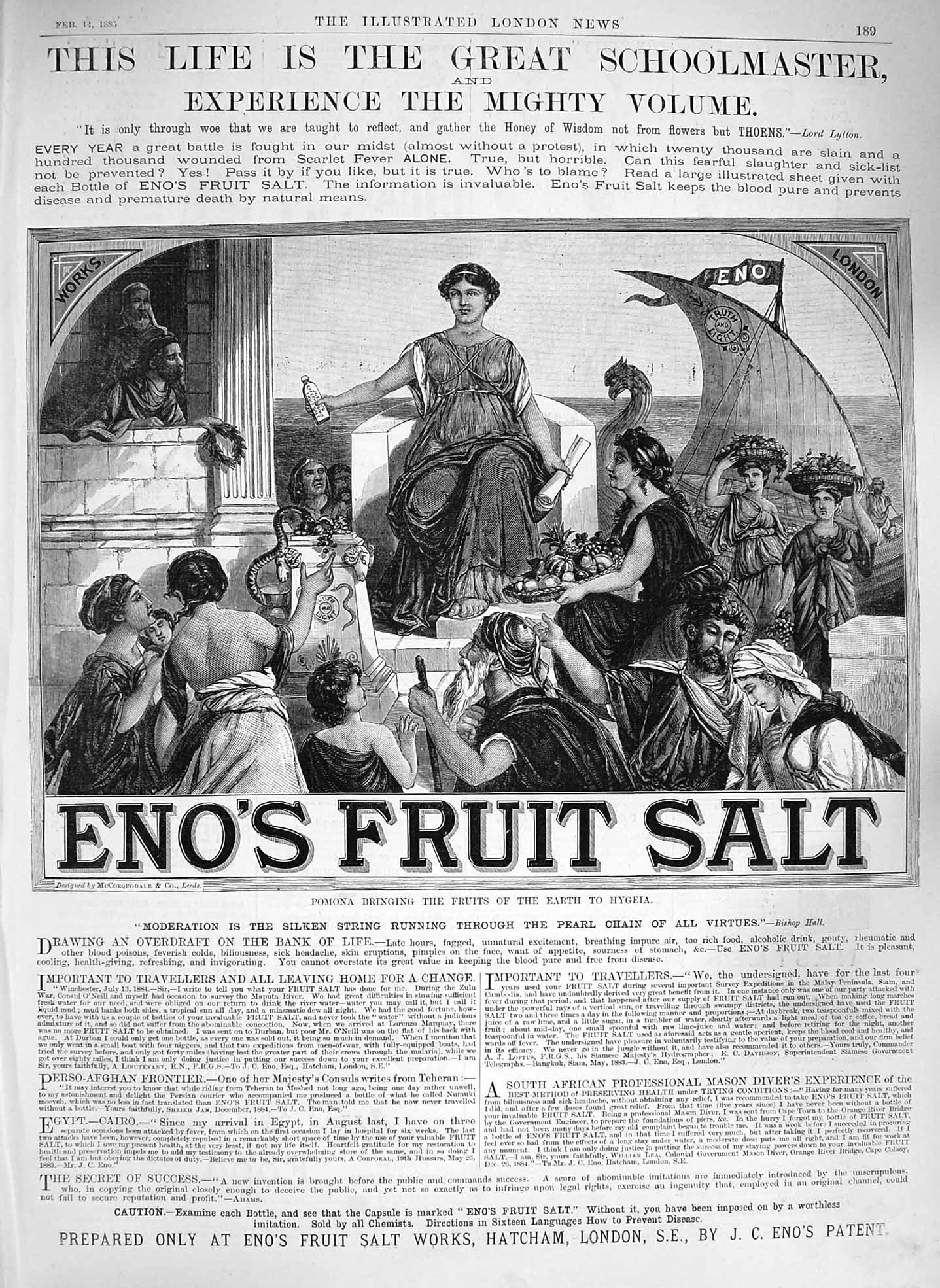 Original Old Antique Print 1885 Advertisement Eno'S Fruit Salt Hatcham London
