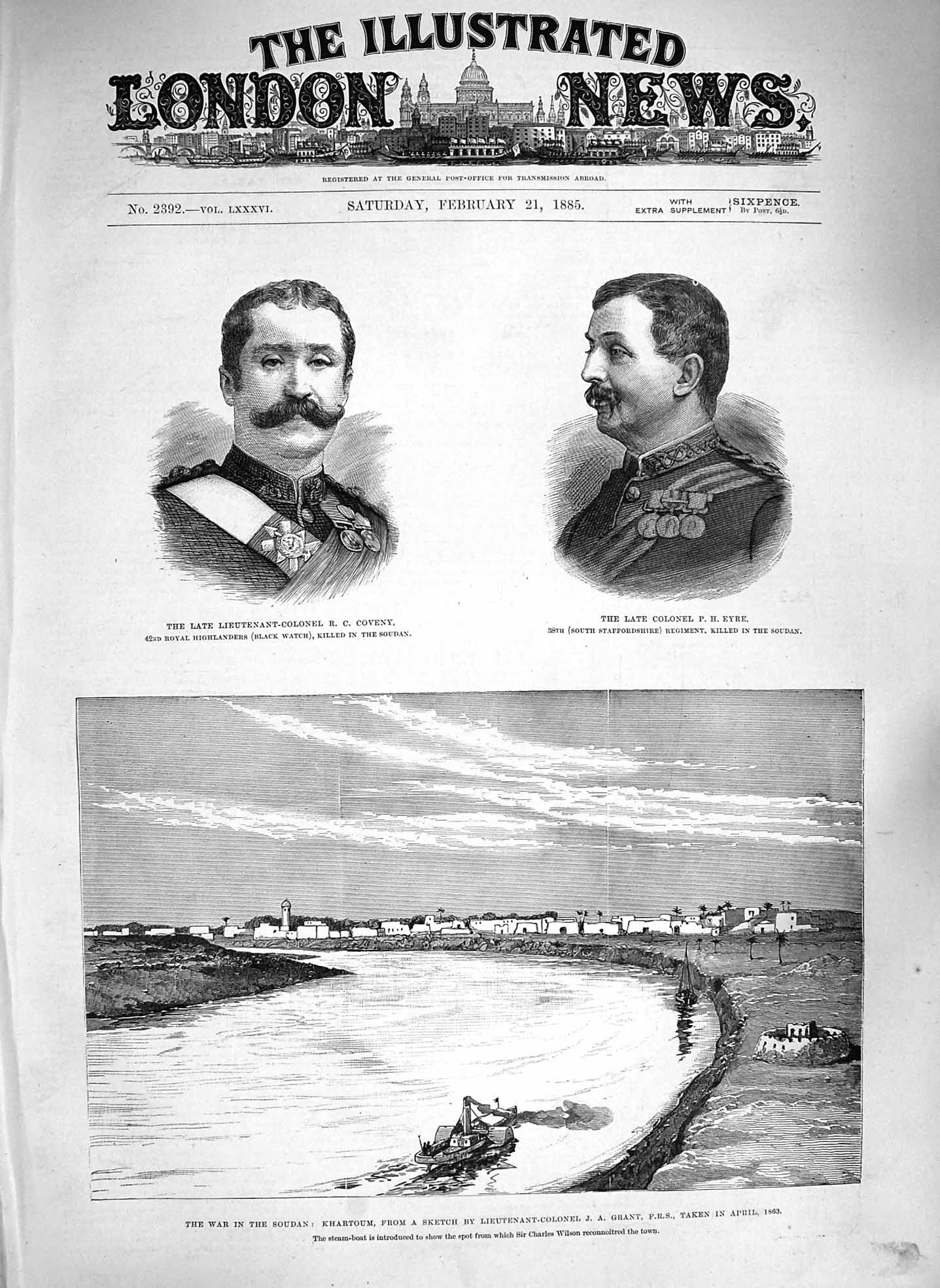 Original Old Antique Print 1885 War Soudan Khartoum Grant Convey Colonel Eyre