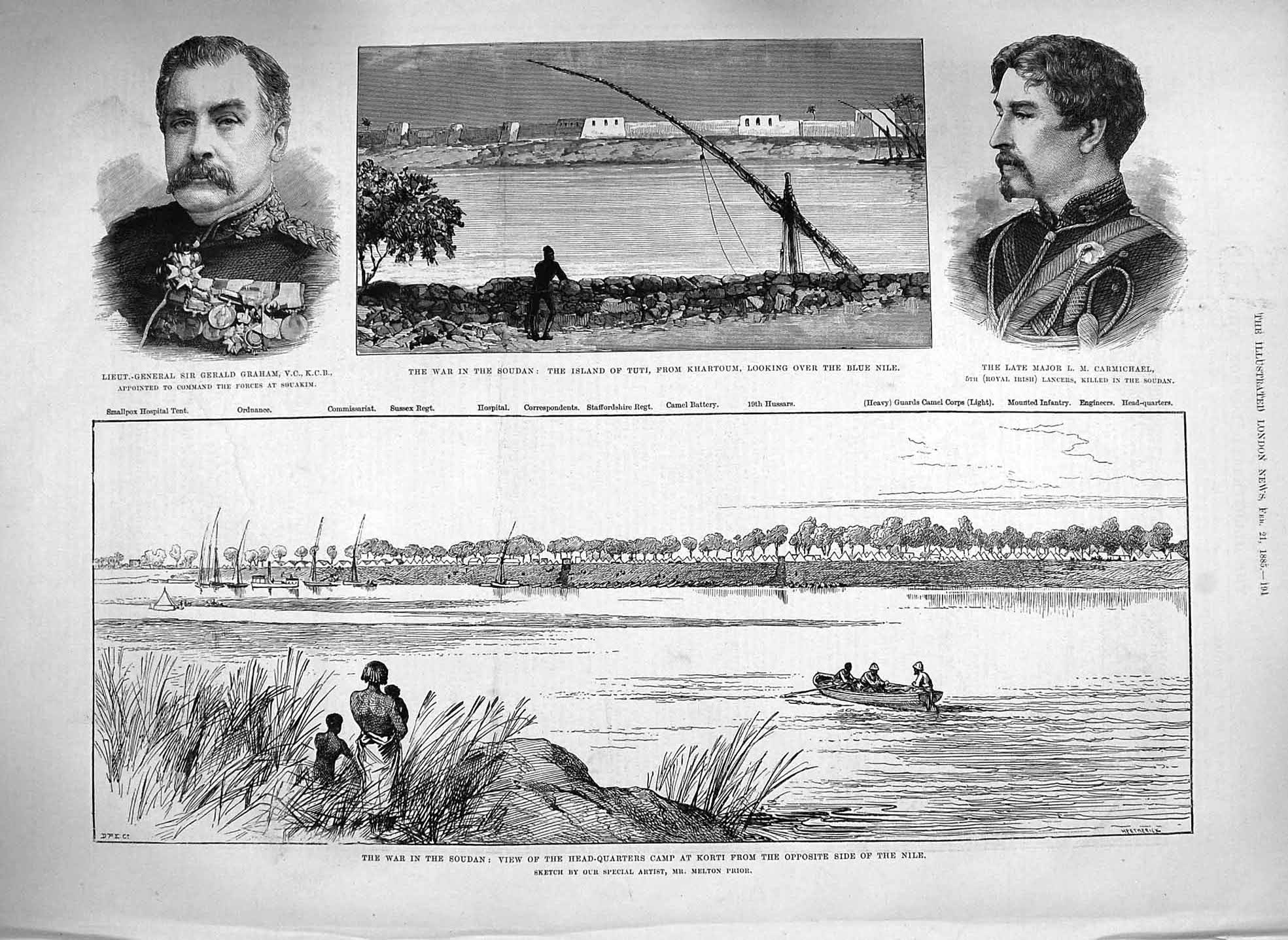 Old Antique Print 1885 War Soudan Korti Nile Graham Tuti Khartoum Major 19th