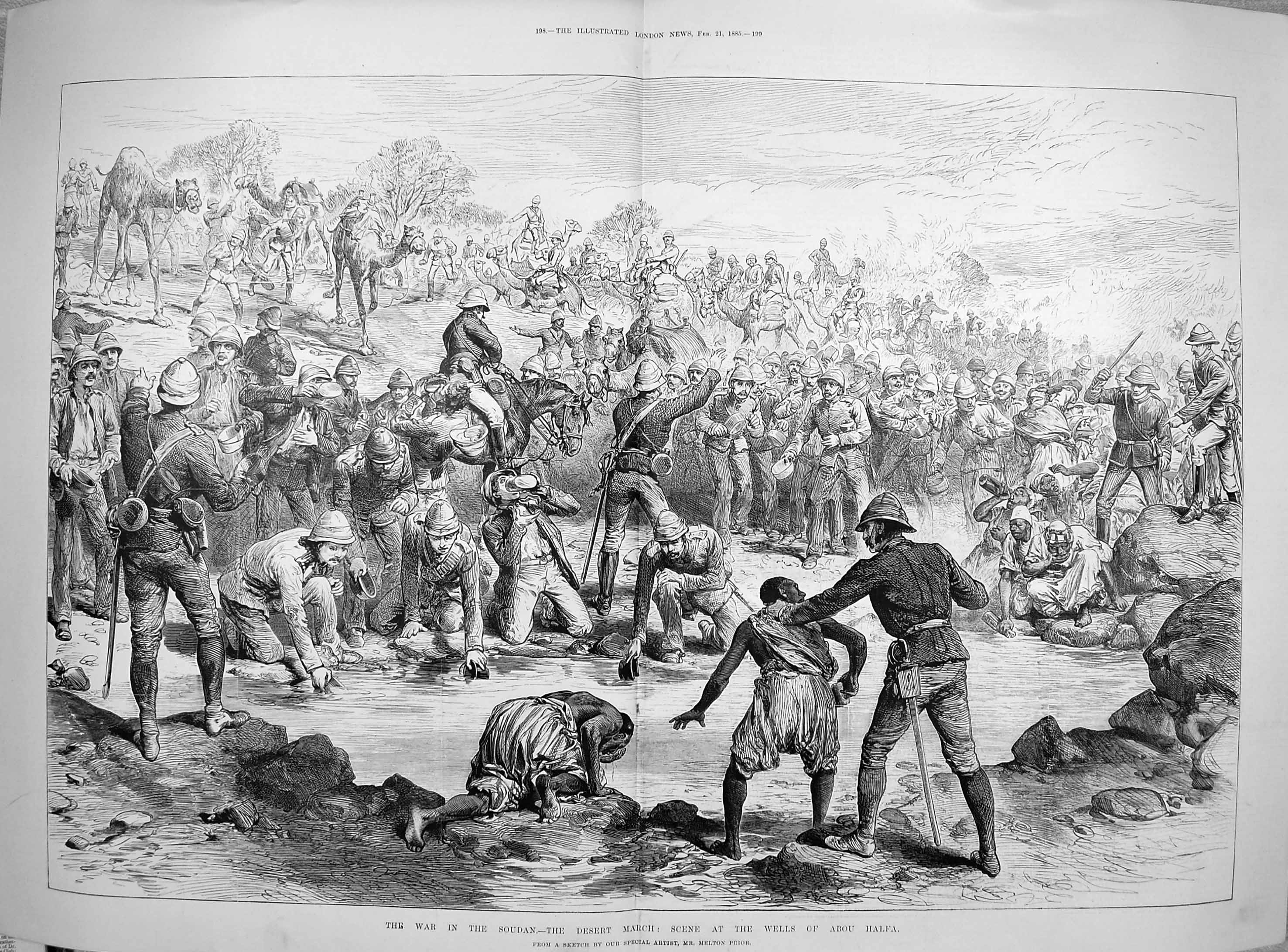 Original Old Antique Print 1885 War Soudan Desert March Wells Abou Halfa Siers