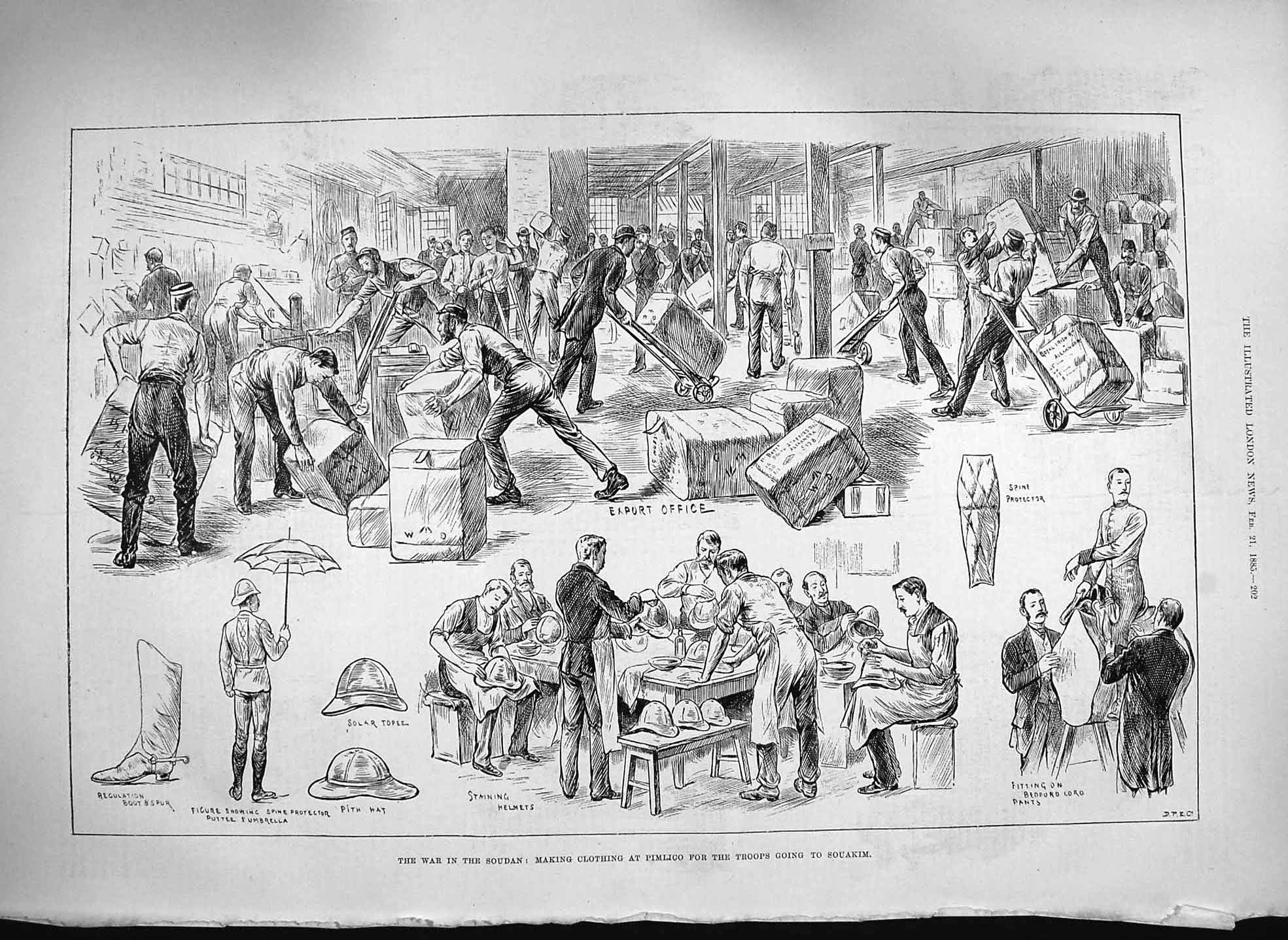 Old Antique Print 1885 War Soudan Making Clothing Pimlico Souakim Troops 19th