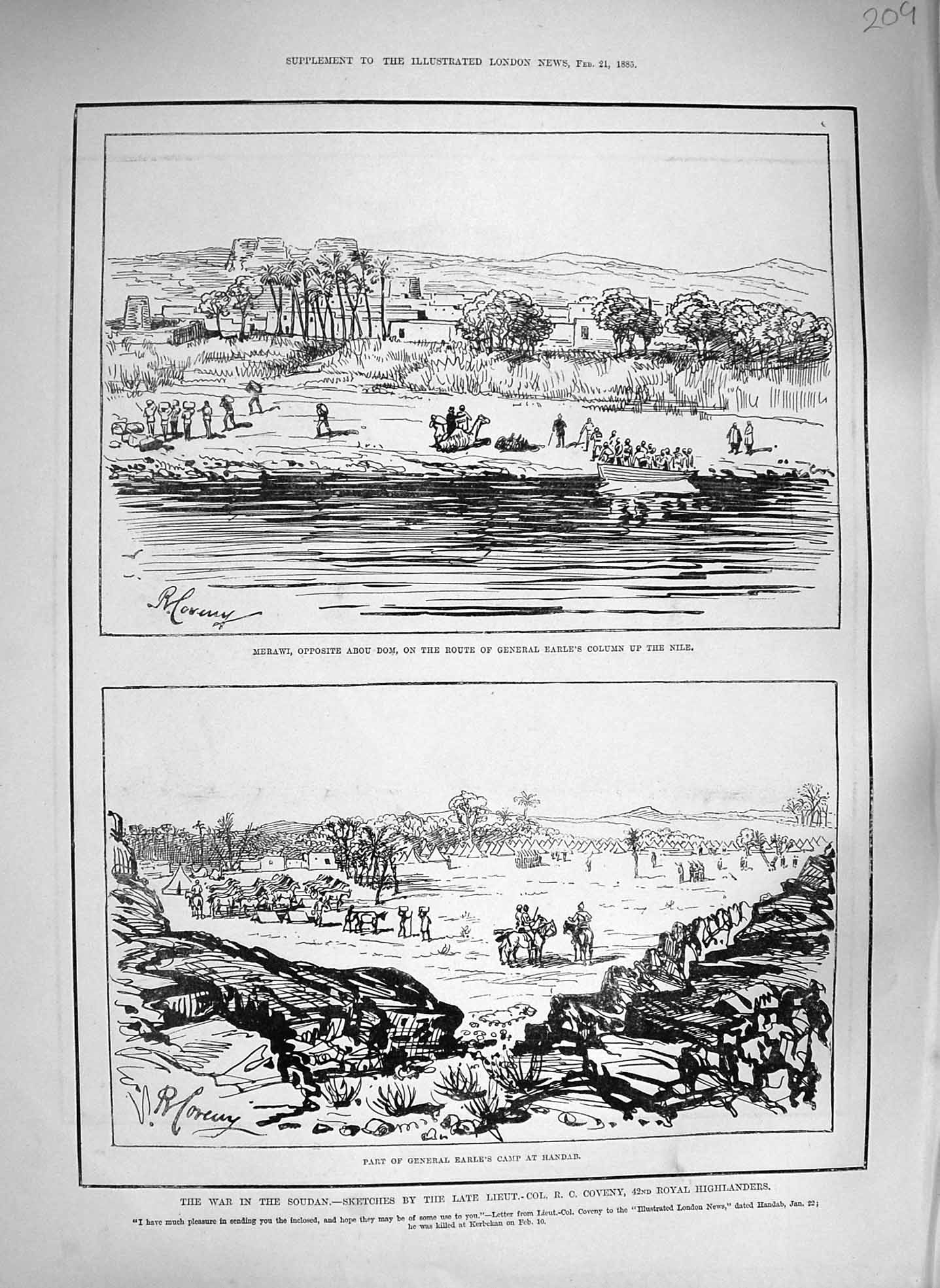 Old Antique Print 1885 War Soudan General Earle Camp Handab Merawi Abou 19th