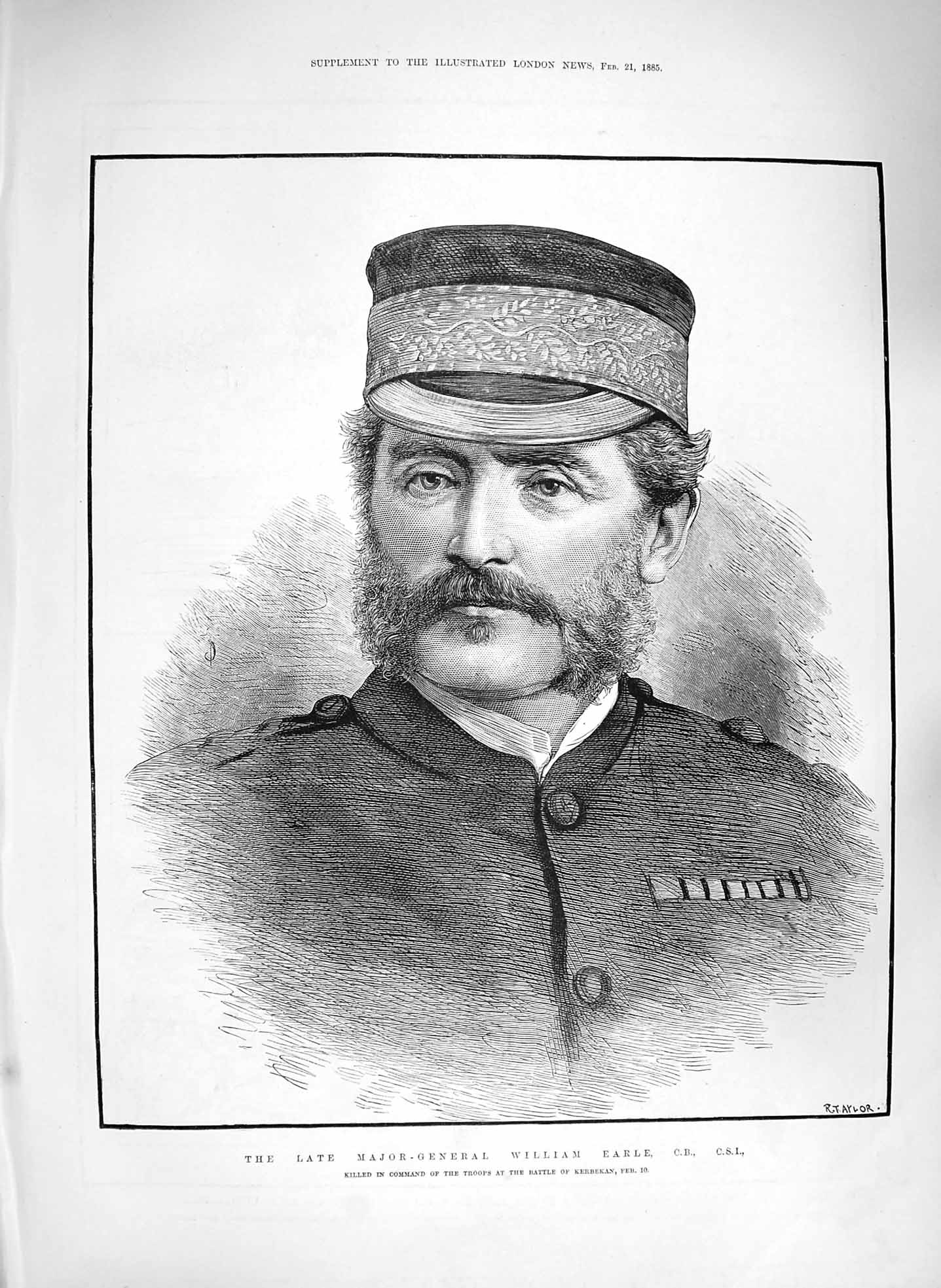 Original Old Antique Print 1885 Portrait Major-General William Earle Kerbekan