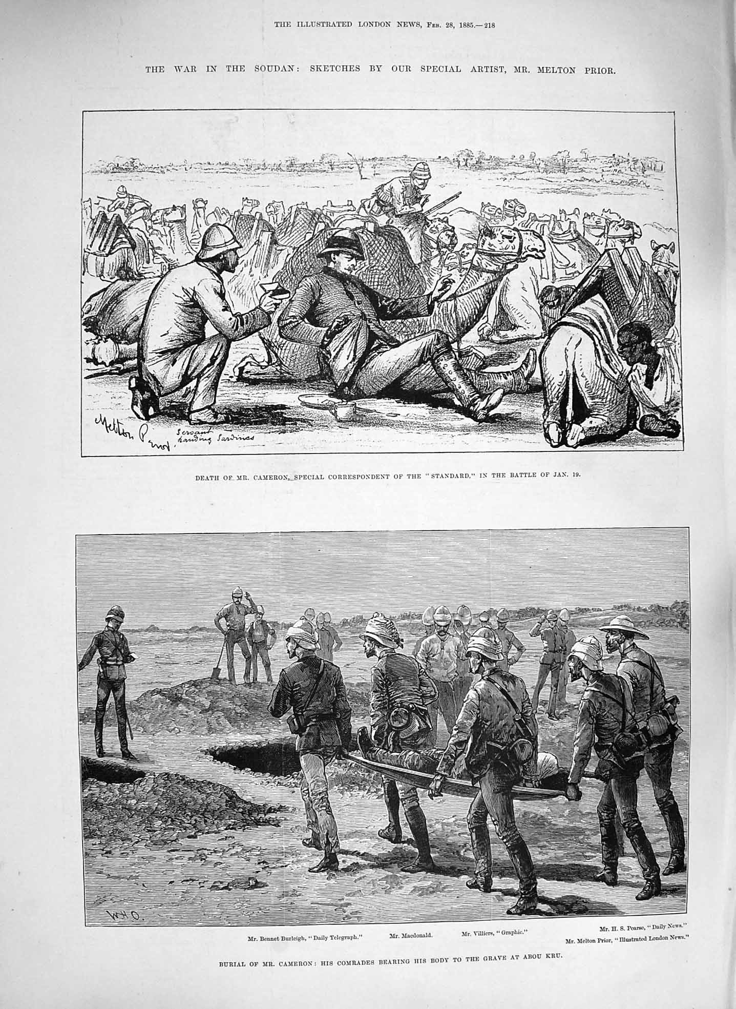 Old Antique Print 1885 War Soudan Death Cameron Burleigh Pearse Komaroff 19th