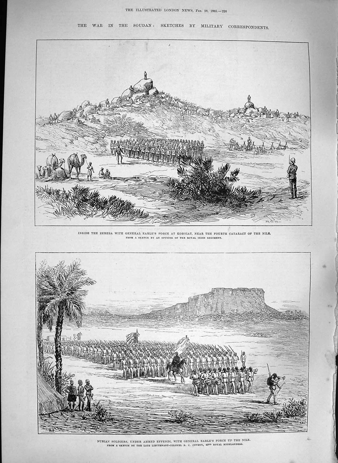 Original Old Antique Print 1885 War Soudan General Earle Kobniat Zereba Nubian