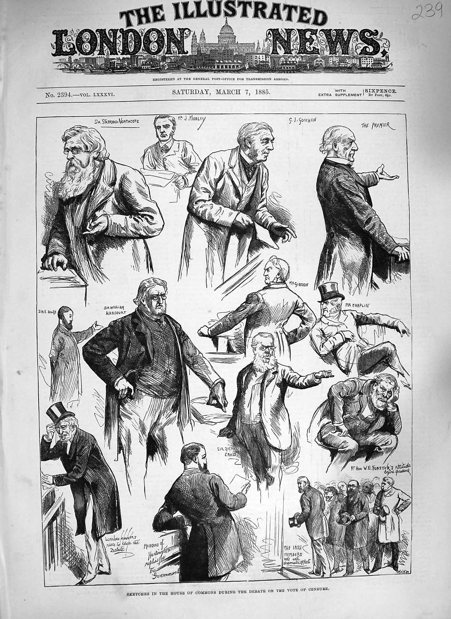 Old Antique Print 1885 House Commons Debate Vote Censure Gibson Northcote 19th