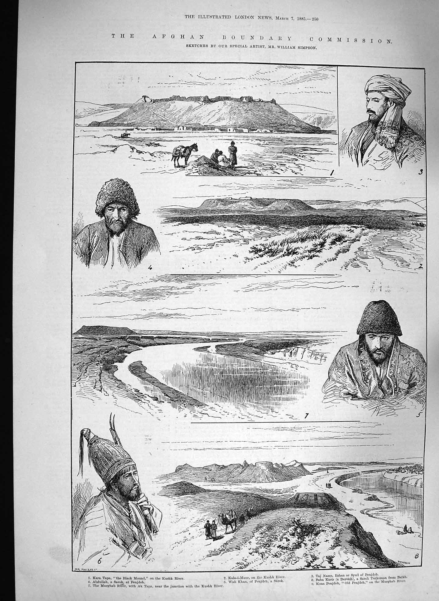 Original Old Antique Print 1885 Afghan Kara Tapa Abdullah Khan Kushk Murghab