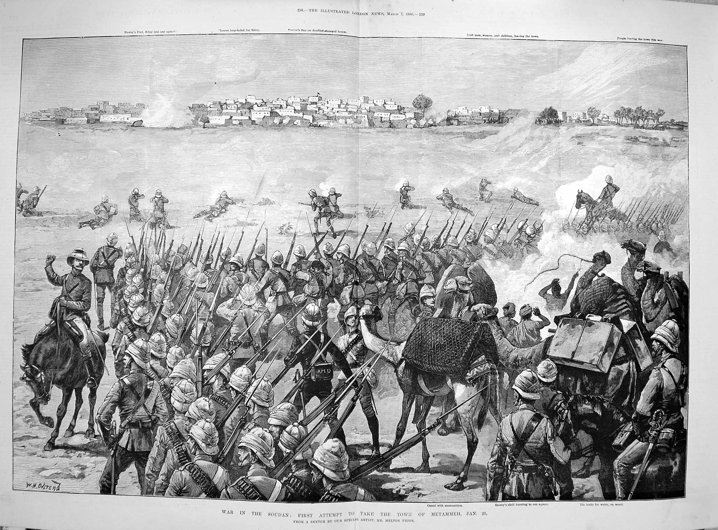 Original Old Antique Print 1885 War Soudan Metammeh Camels Fort Ara Victorian