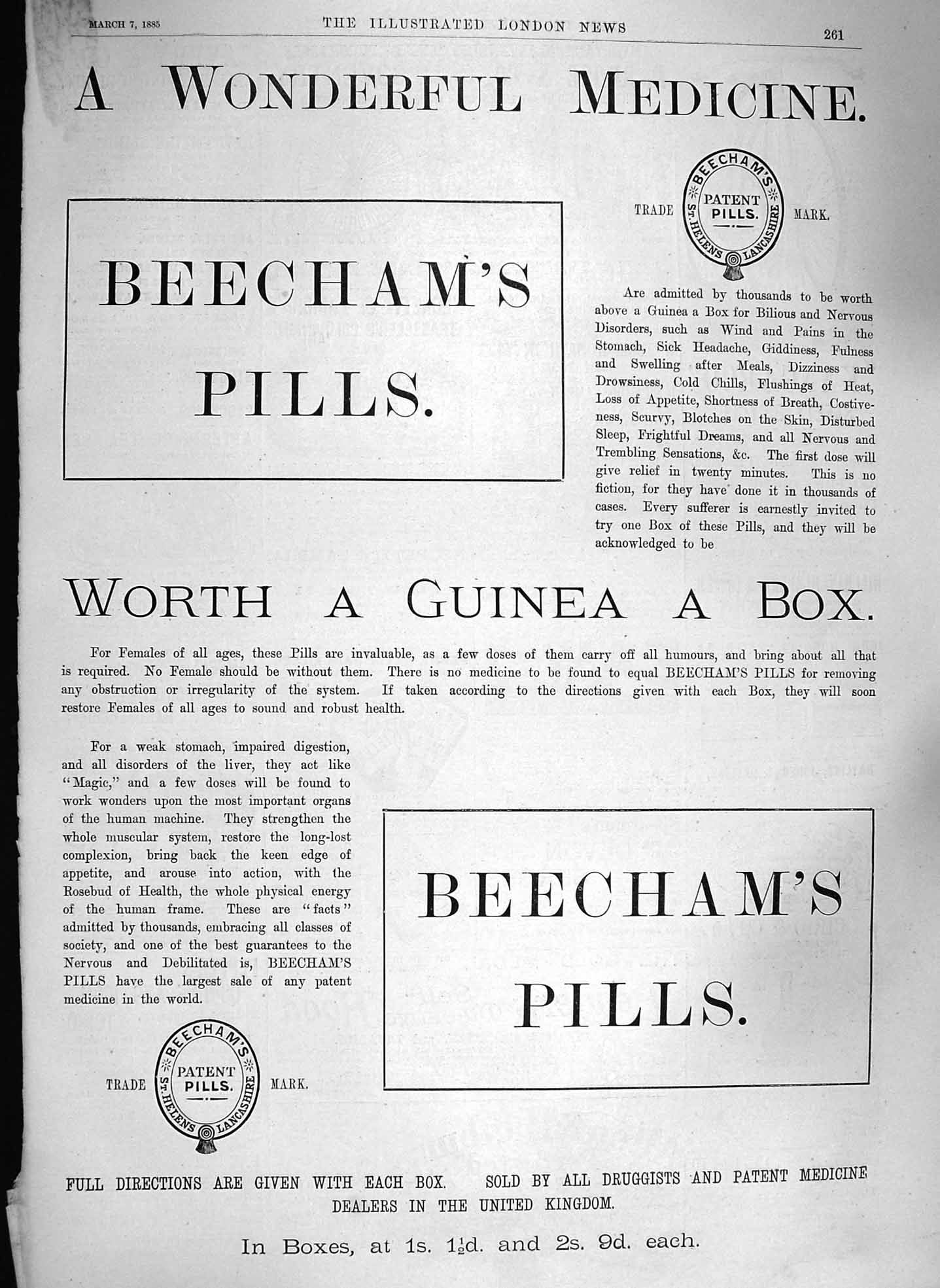 Antique Old Print *143 1885 Advertisement Beechams Pills Medicine Lancashire