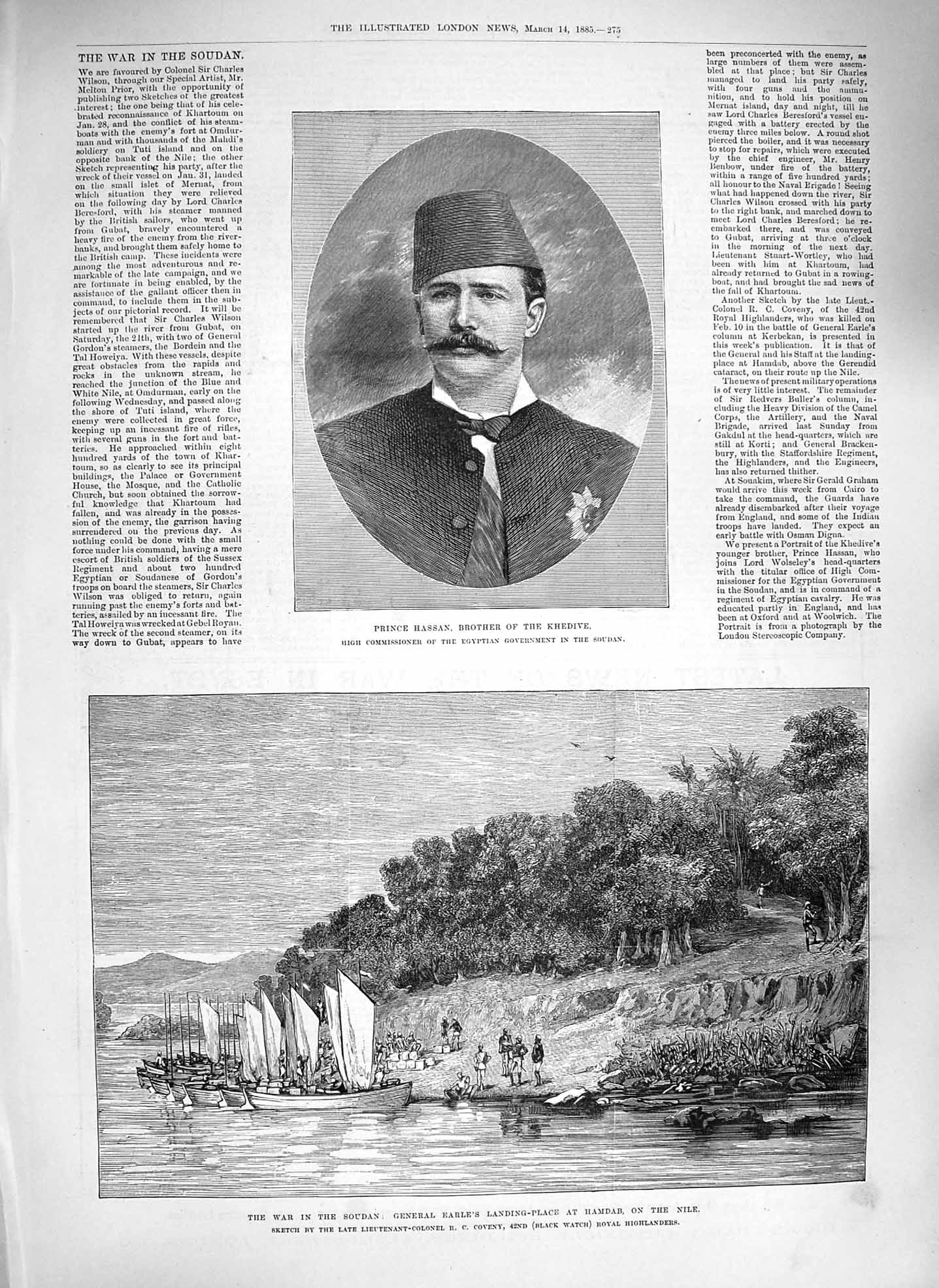 Original Old Antique Print 1885 Prince Hassan Brother Khedive War Souda 19th