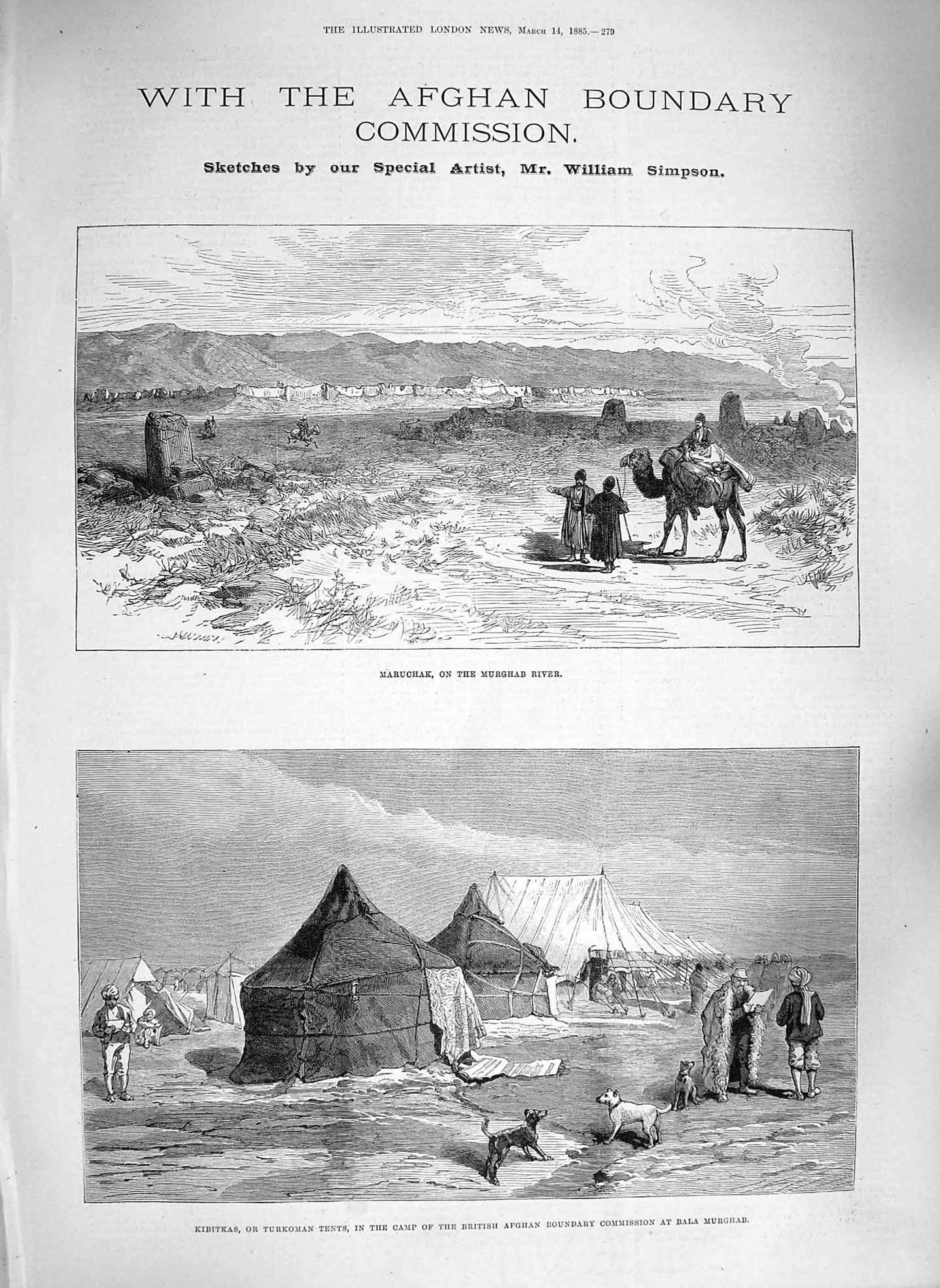 Original Old Antique Print 1885 Afghan Boundary Maruchak Kibitkas Lumsden Heart