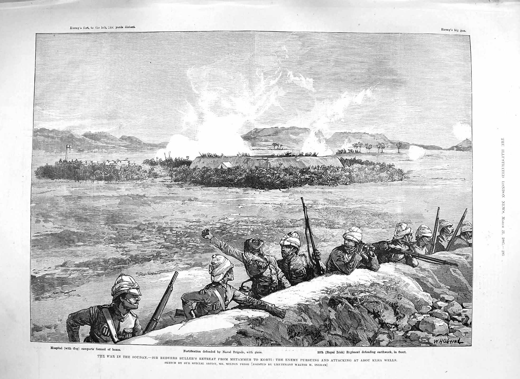 Original Old Antique Print 1885 War Soudan Redvers Buller Metammeh Korti Klea