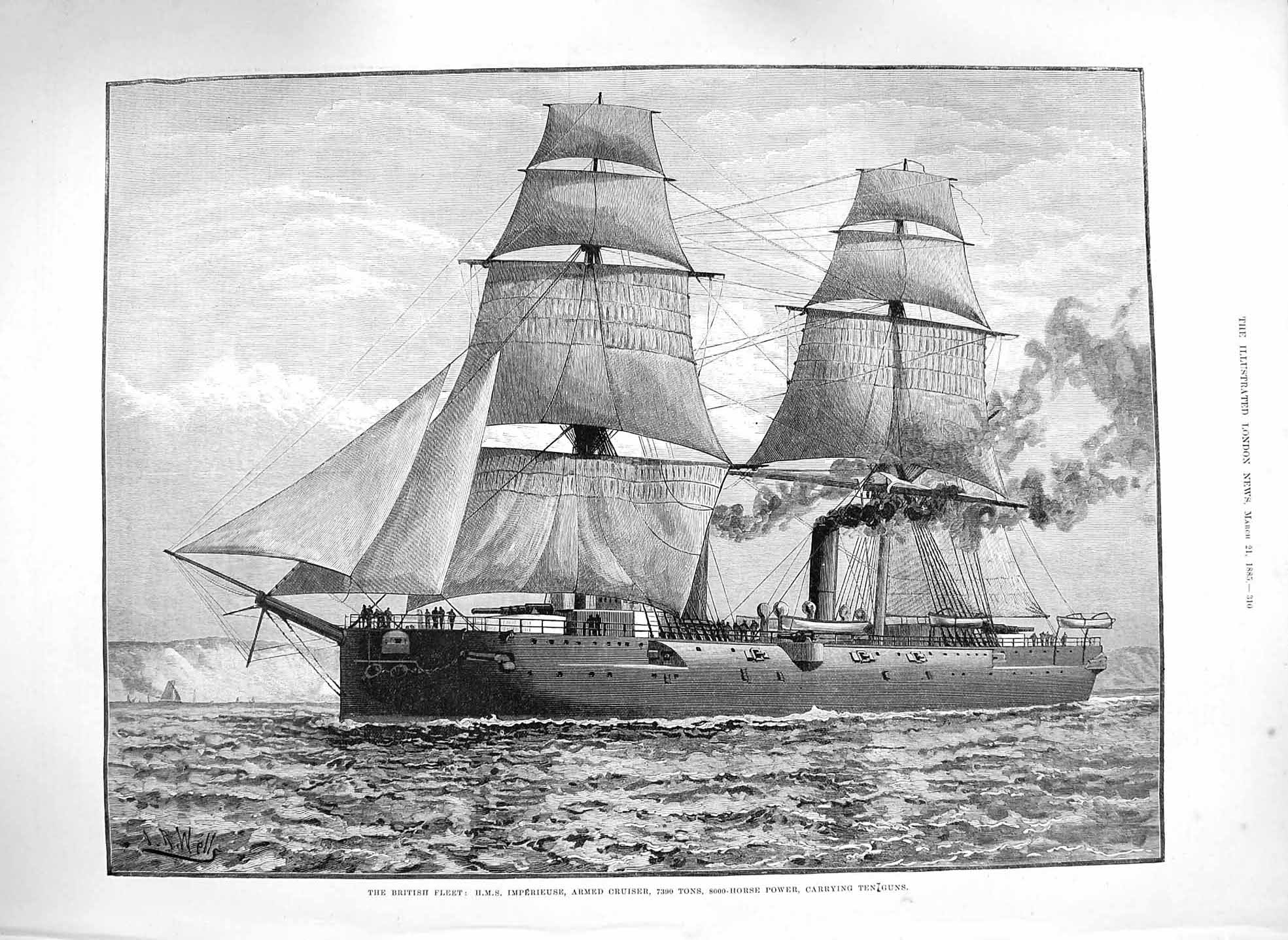 Old Antique Print 1885 British War Ship H.M.S. Imperieuse Armed Cruiser 19th