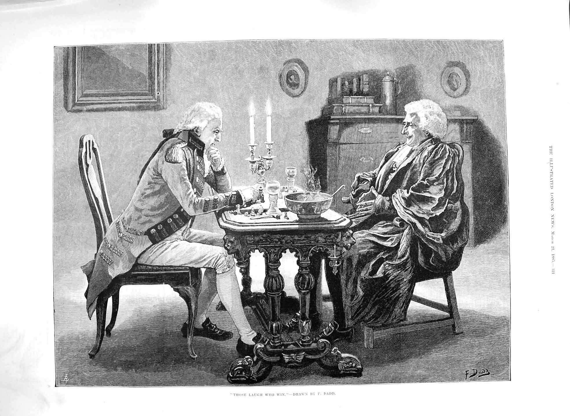 Original Old Antique Print 1885 Those Laugh Who Win Men Playing Chess Boa 19th