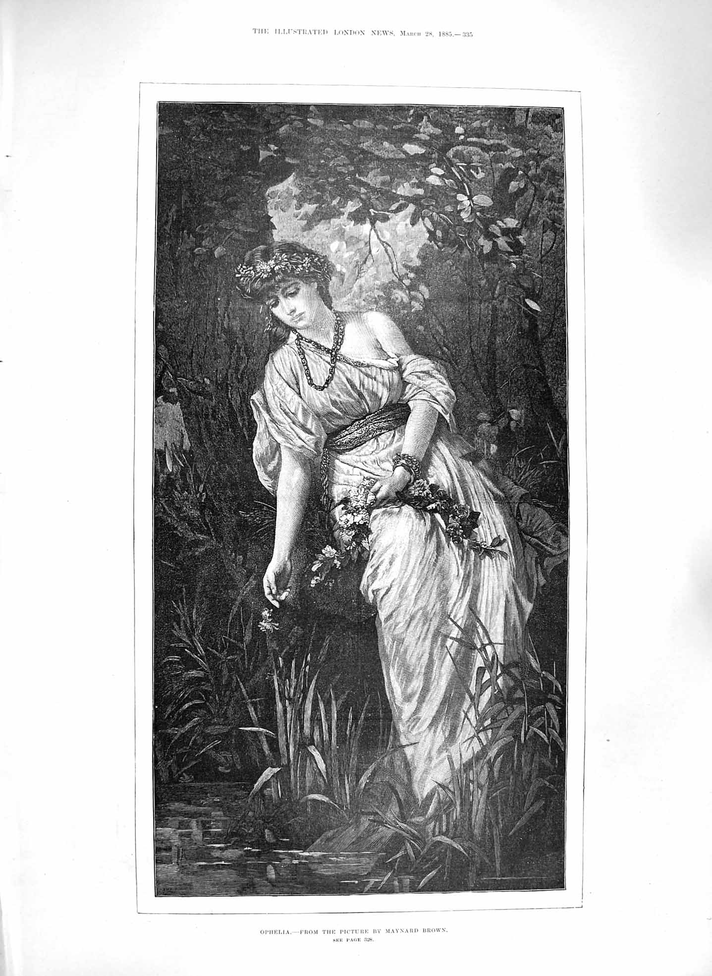 Original Old Antique Print 1885 Portrait Beautiful Lady Ophelia Brown Victorian