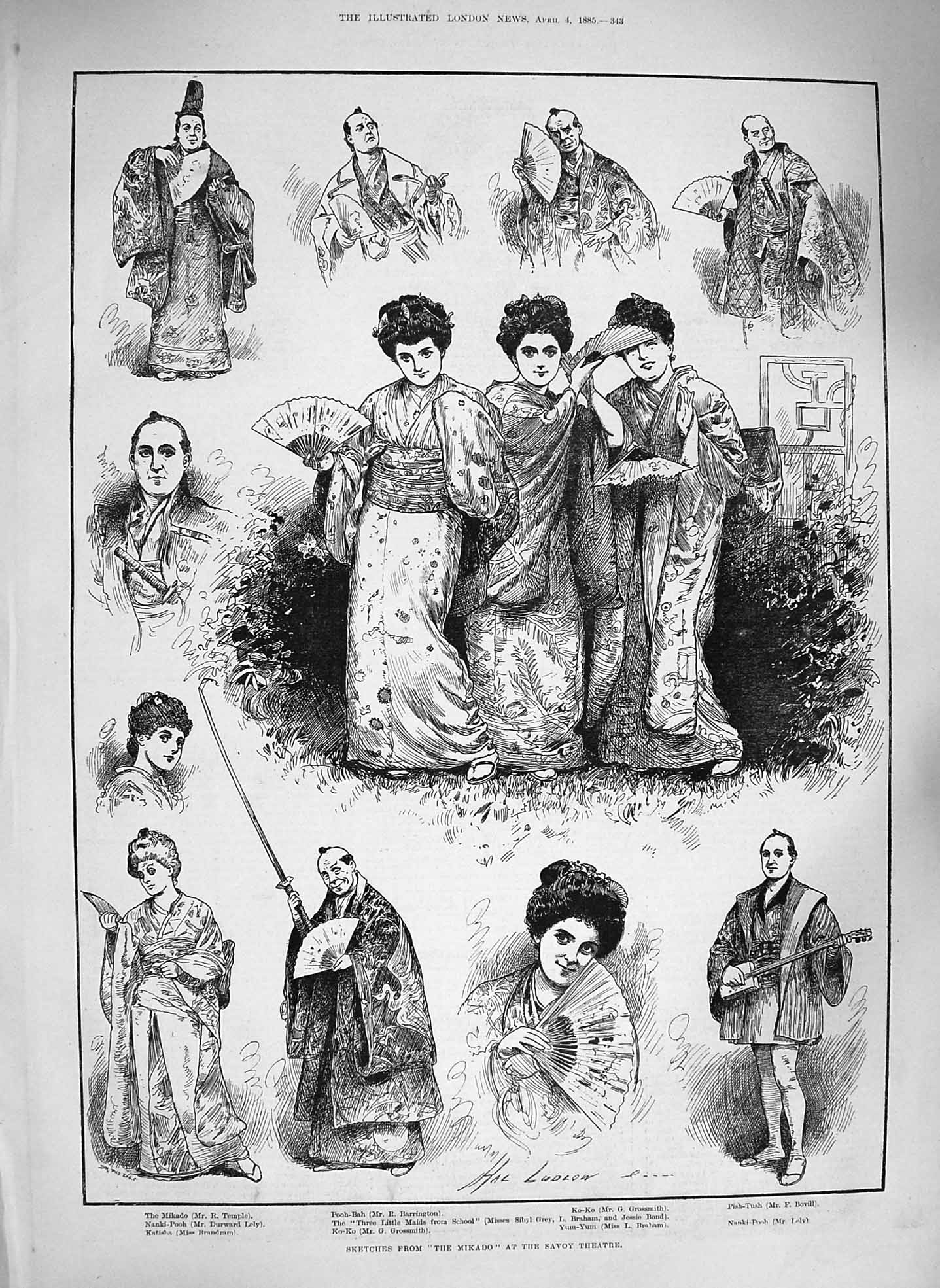 Original Old Antique Print 1885 Mikado Savoy Theatre Barrington Grossmith 19th