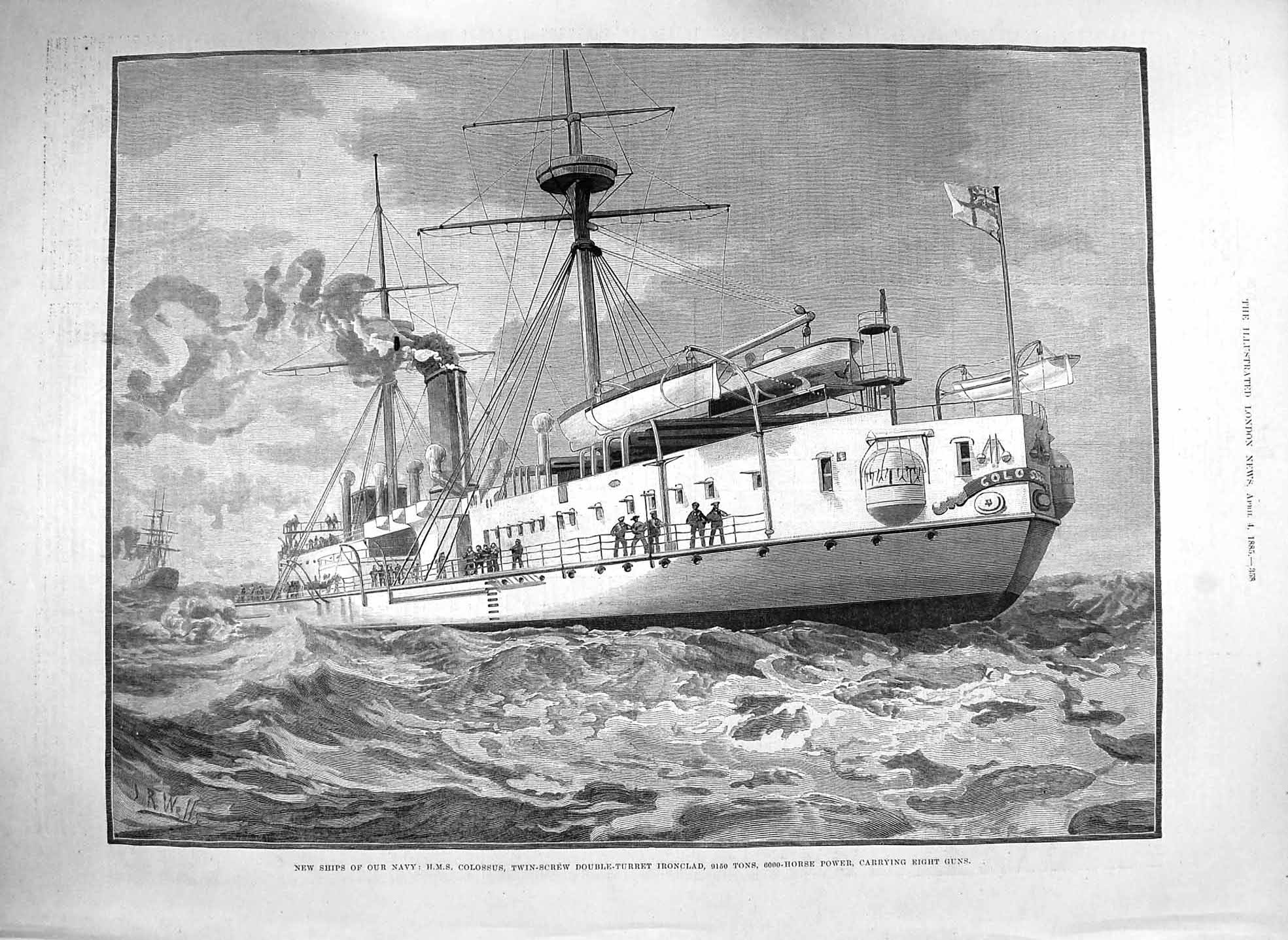 Old Antique Print 1885 Navy Ships H.M.S. Colossus Double-Turret Ironclad 19th