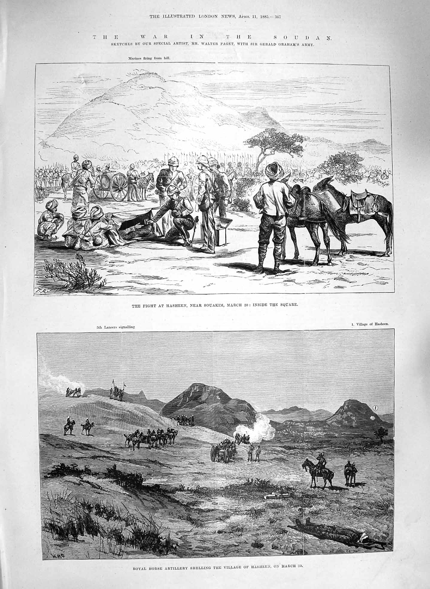 Old Antique Print 1885 War Soudan Fight Hasheen Souakim Horse Artillery 19th