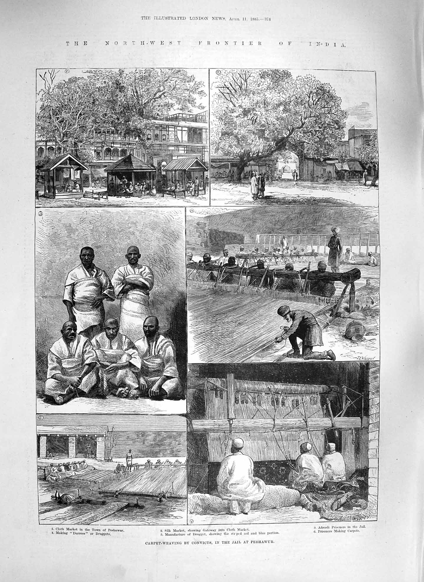 Old Antique Print 1885 India Carpet Weaving Convicts Jail Peshawur Silk 19th