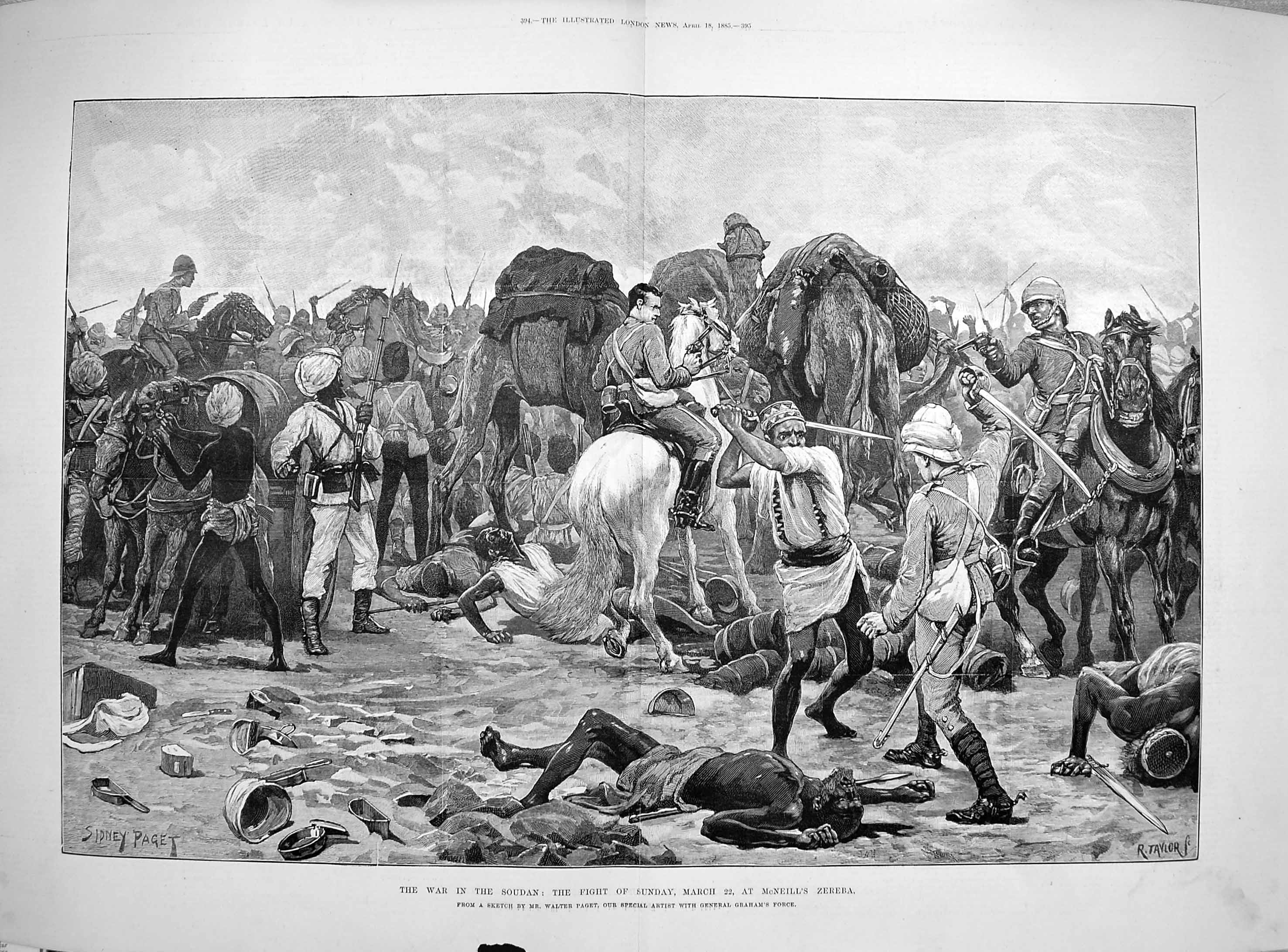 Original Old Antique Print 1885 War Soudan Mcneill Zereba Battle Camels Siers