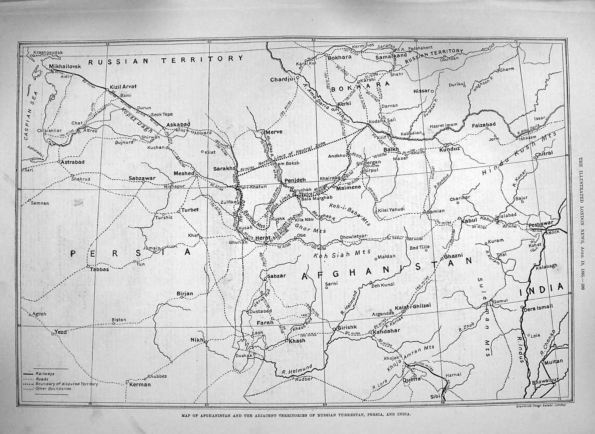 Original Old Antique Print 1885 Map Afhganistan Persia India Russian Territory
