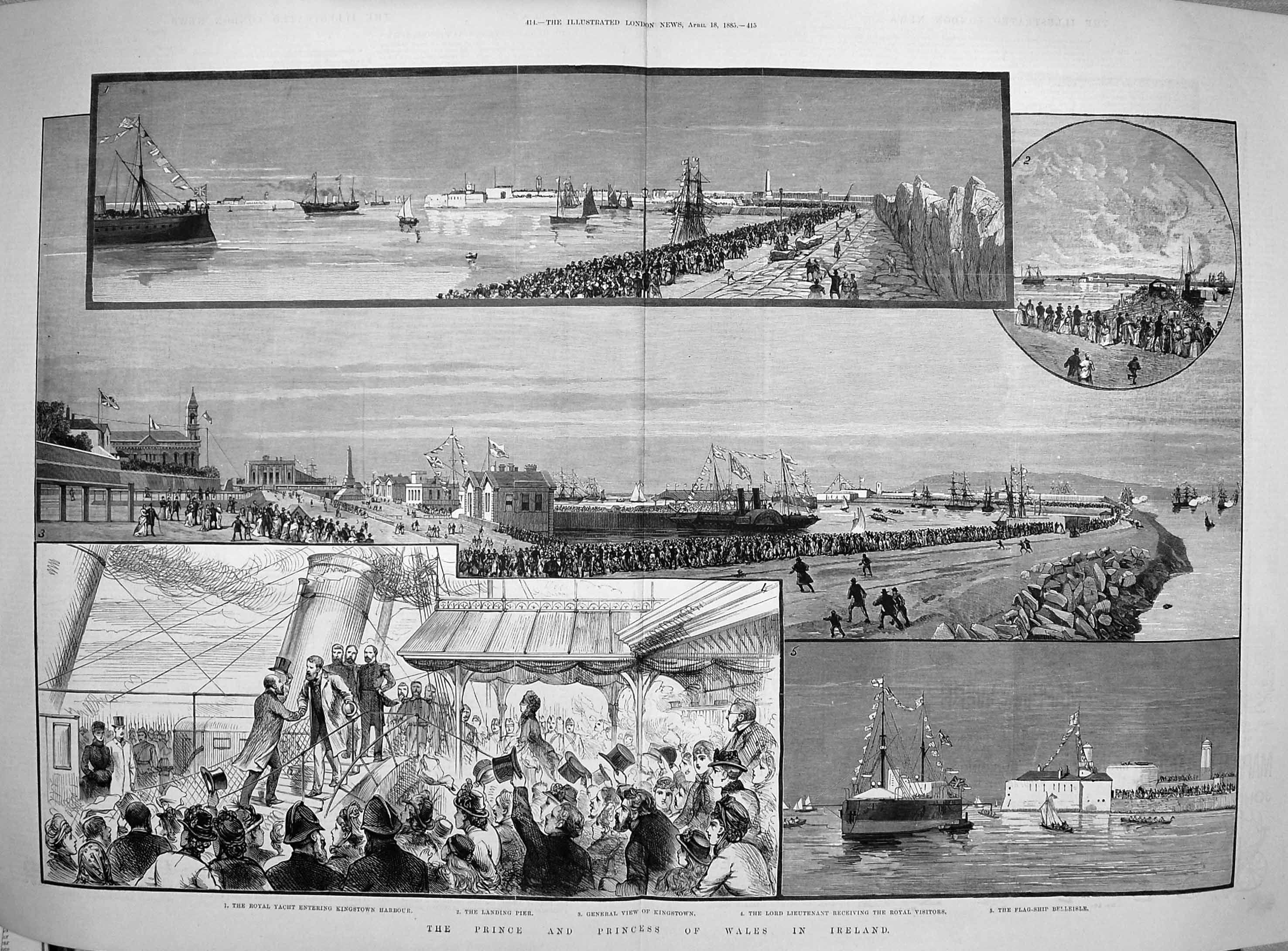 Original Old Antique Print 1885 Prince Wales Ireland Belleisle Ships Kingstown