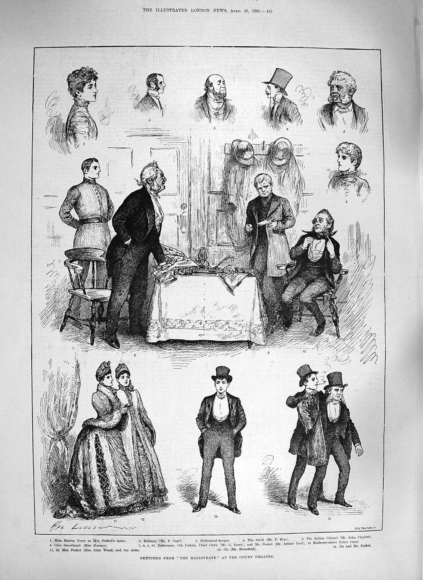 Old Antique Print 1885 Magistrates Court Theatre Terry Cape Wood Clayton 19th