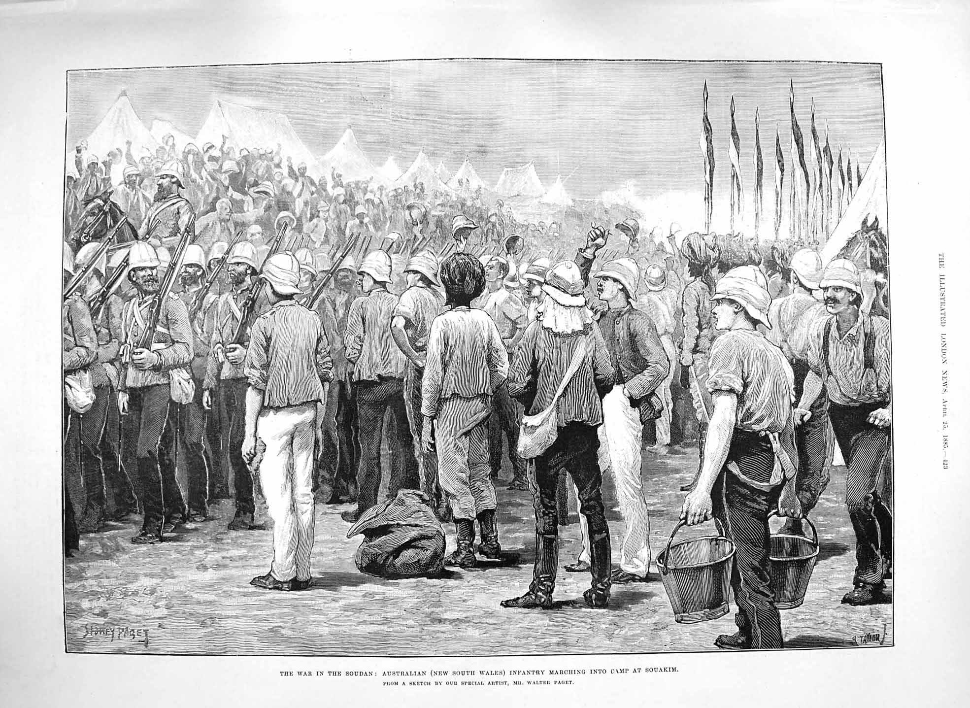 Original Old Antique Print 1885 War Soudan Australian Siers Camp Souakim Army