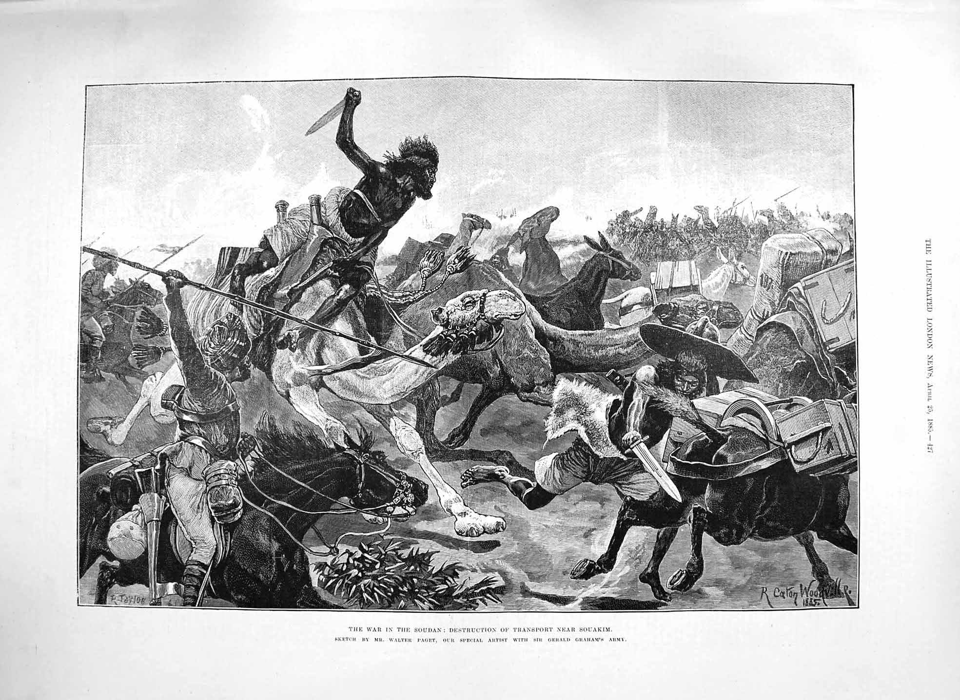 Original Old Antique Print 1885 War Soudan Destruction Transport Souakim Horses