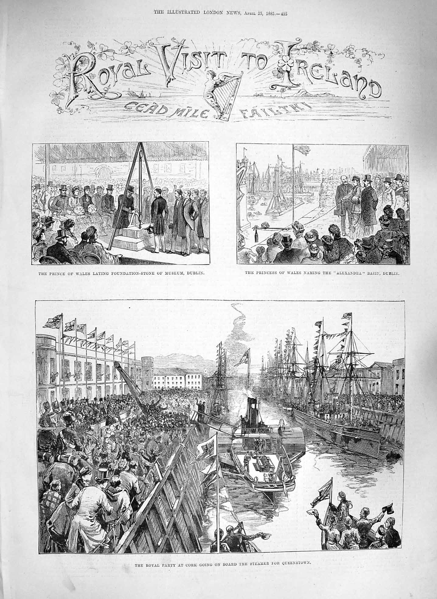 Original Old Antique Print 1885 Prince Wales Ireland Alexandra Dublin Parnell