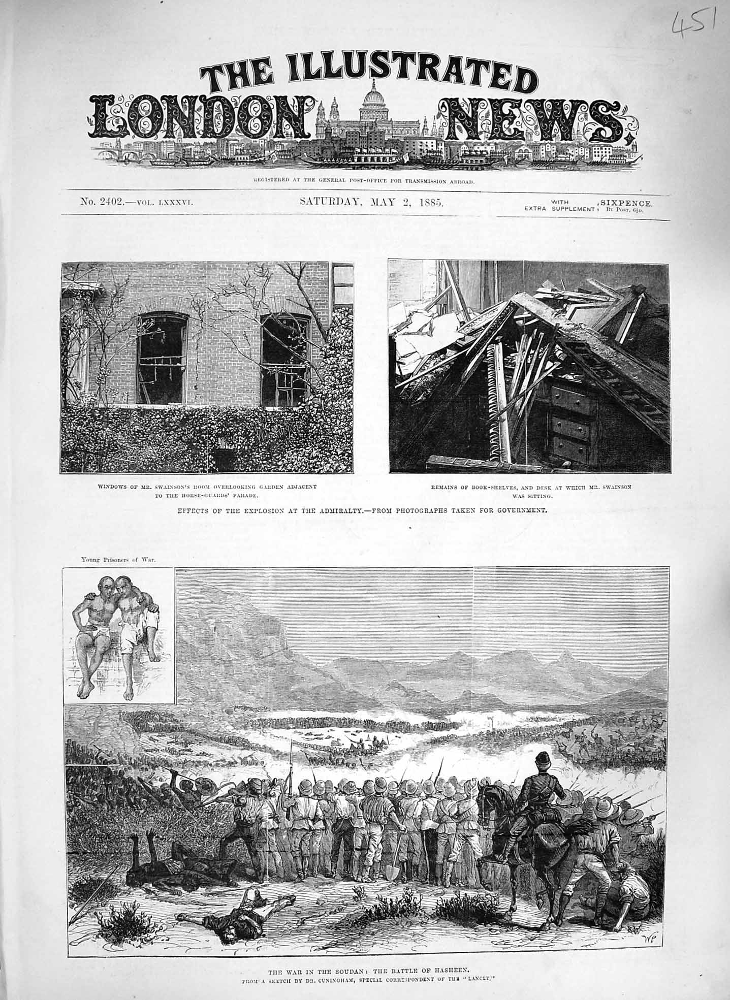 Original Old Antique Print 1885 War Soudan Battle Hasheen Explosion Admiralty