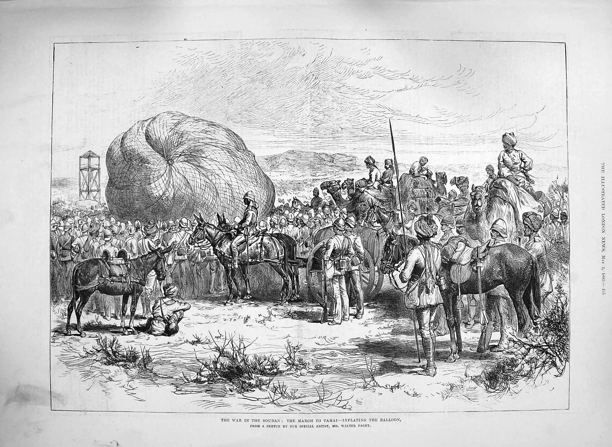 Original Old Antique Print 1885 War Soudan Siers Marching Tamai Hot Air Balloon