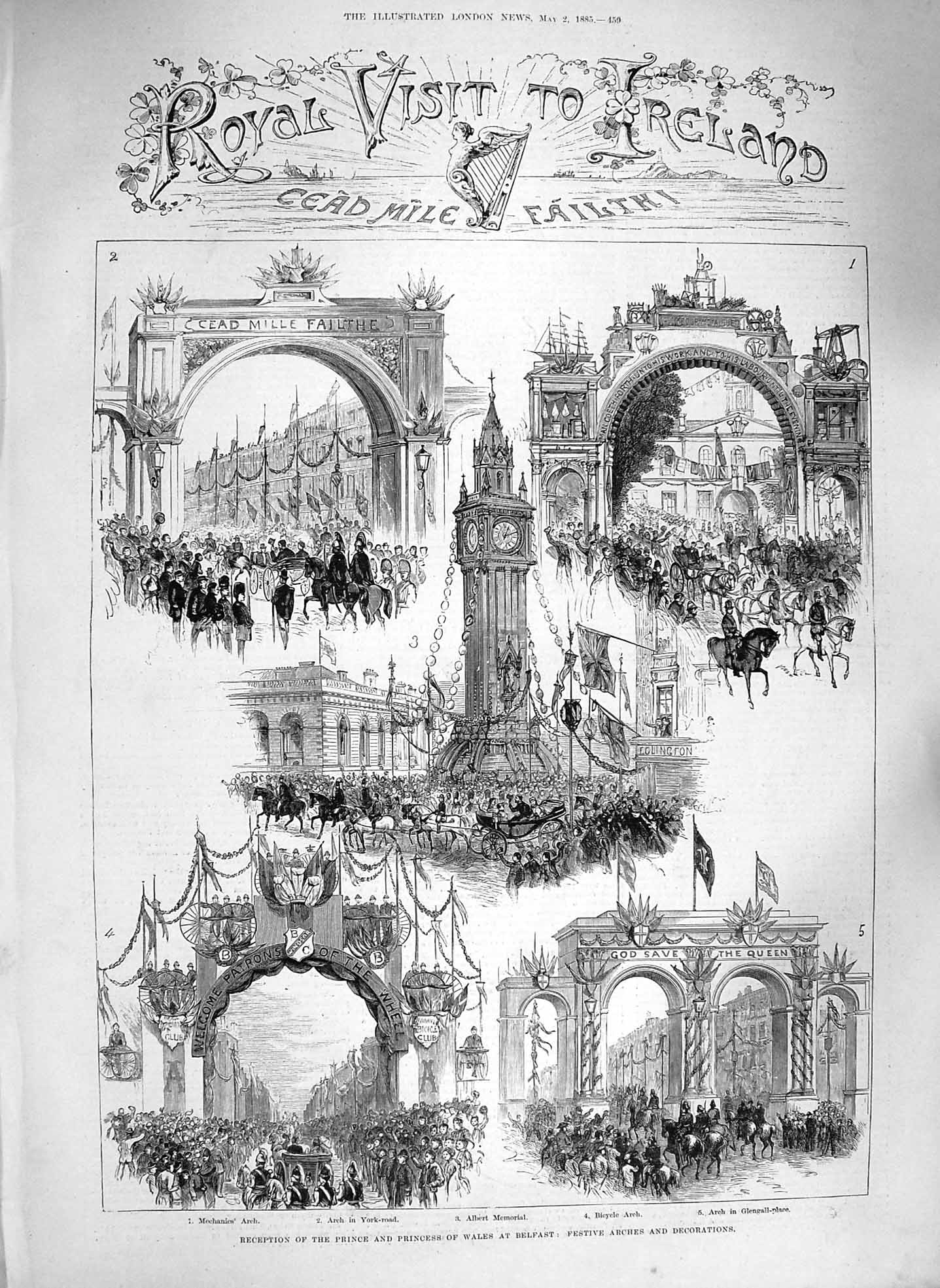 Old Antique Print 1885 Prince Wales Ireland Belfast Lakes Killarney Hall 19th