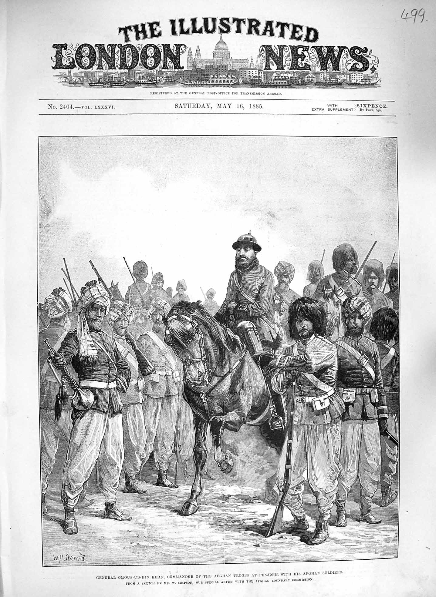 Original Old Antique Print 1885 General Ghous-Ud-Din Khan Afghan Troops Penjdeh
