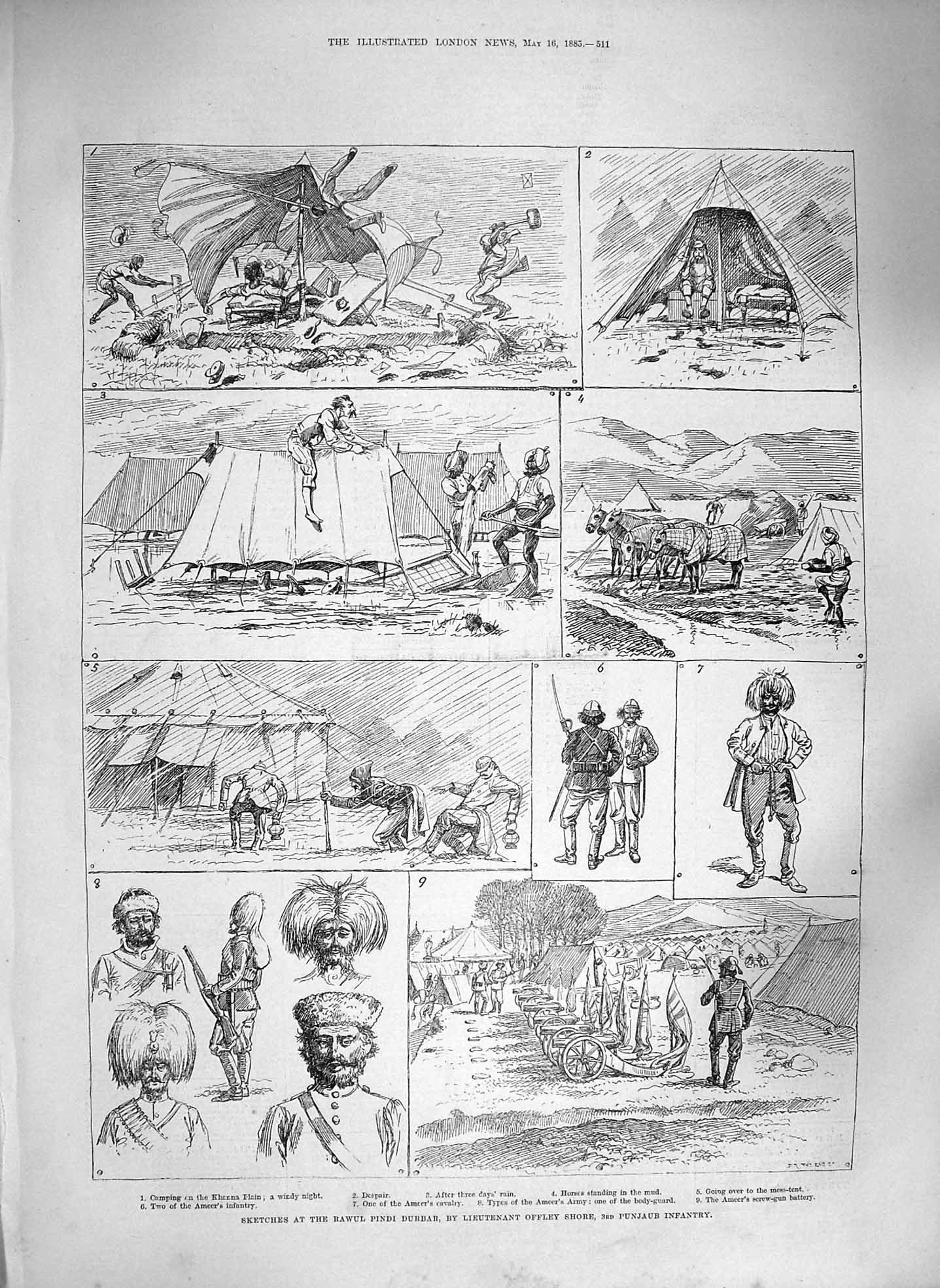 Old Antique Print 1885 Rawul Pindi Durbar Lieutenant Offley Punjaub War 19th