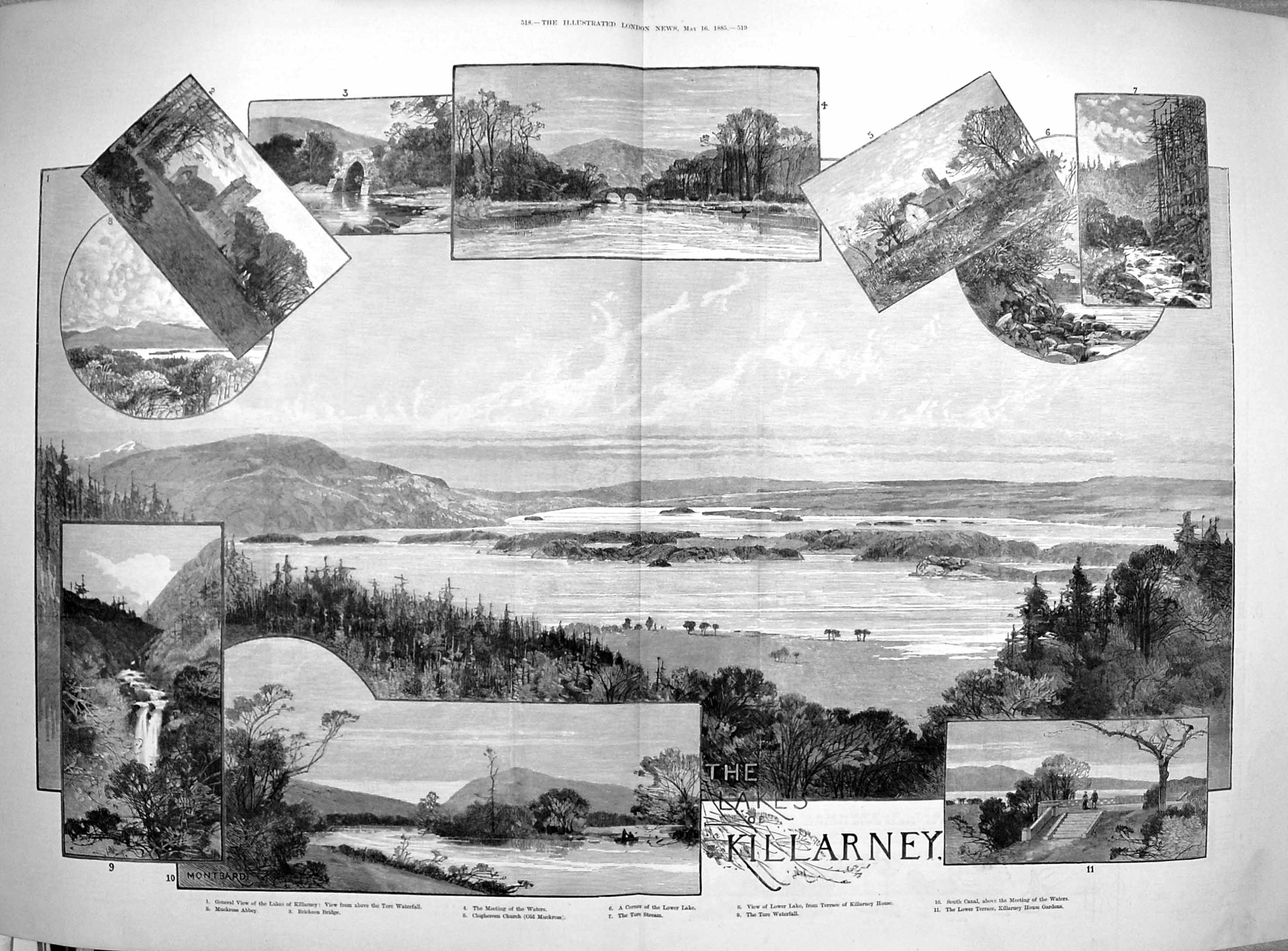Antique Old Print 1885 Lakes Killarney Ireland Muckross Abbey Poul-A-Gurm 19th