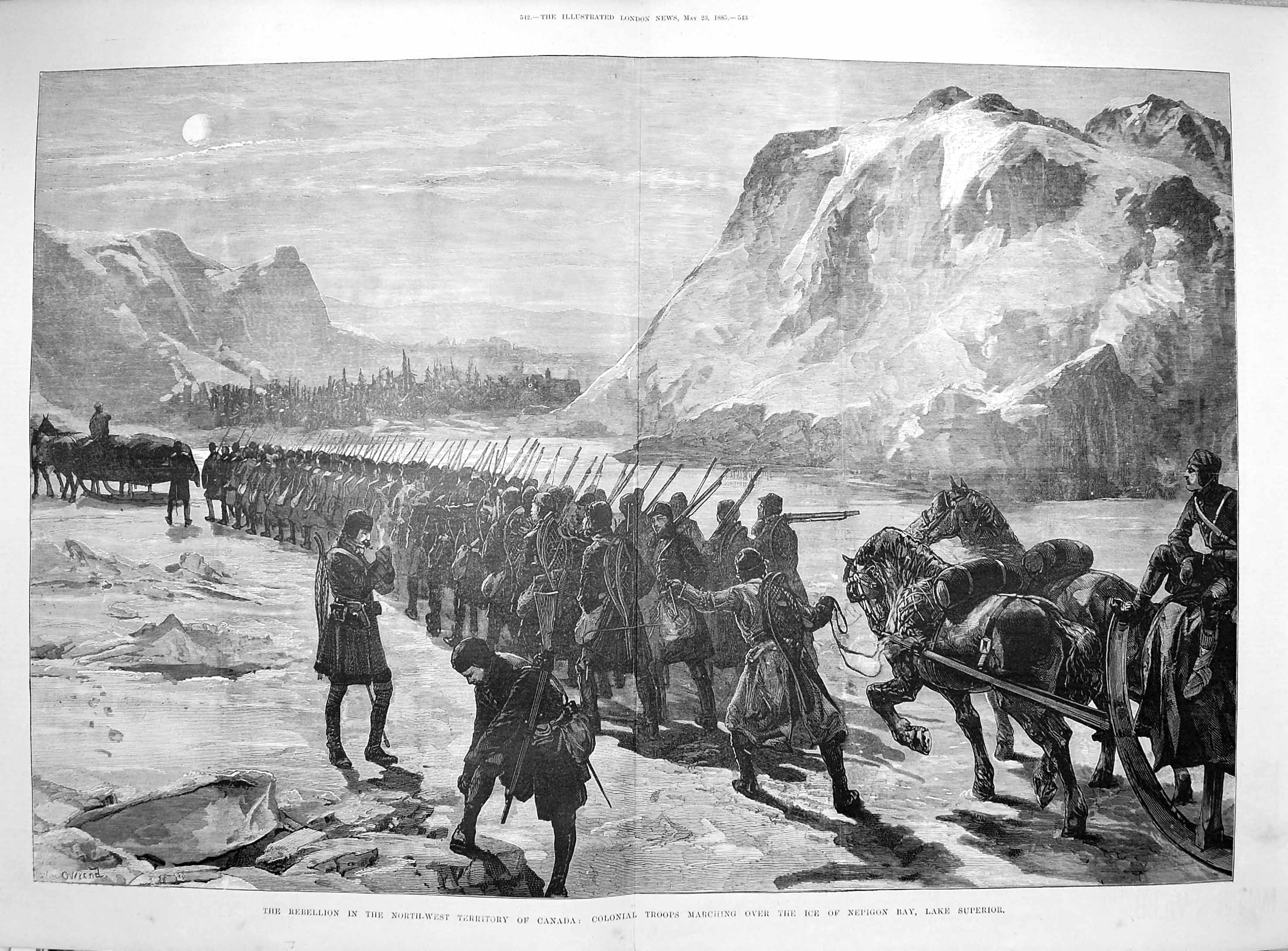 Antique Old Print 1885 Rebellion Canada Colonial Army Ice Nepigo Superior 19th