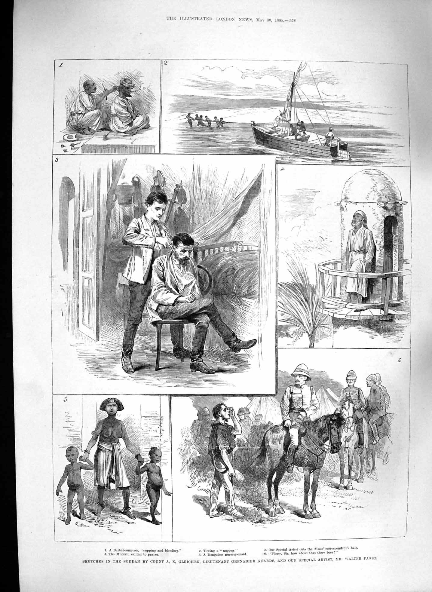 Old Antique Print 1885 Soudan Barber Surgeon Gleichen Muezzin Nuggur Boat 19th