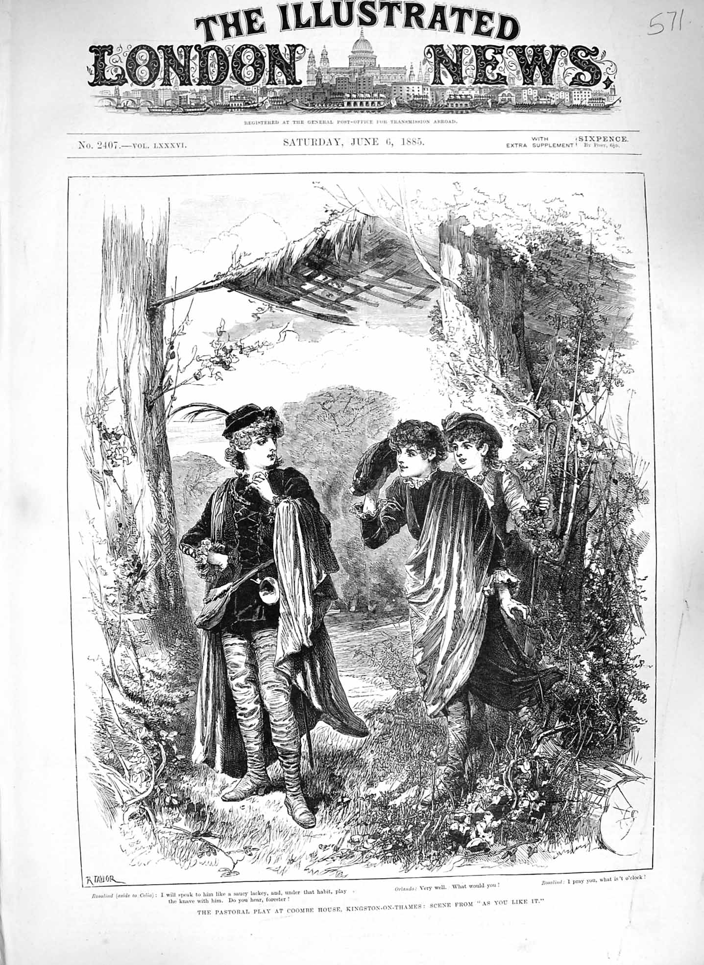Original Old Antique Print 1885 Pastoral Play Commbe House Kingston-On-Thames