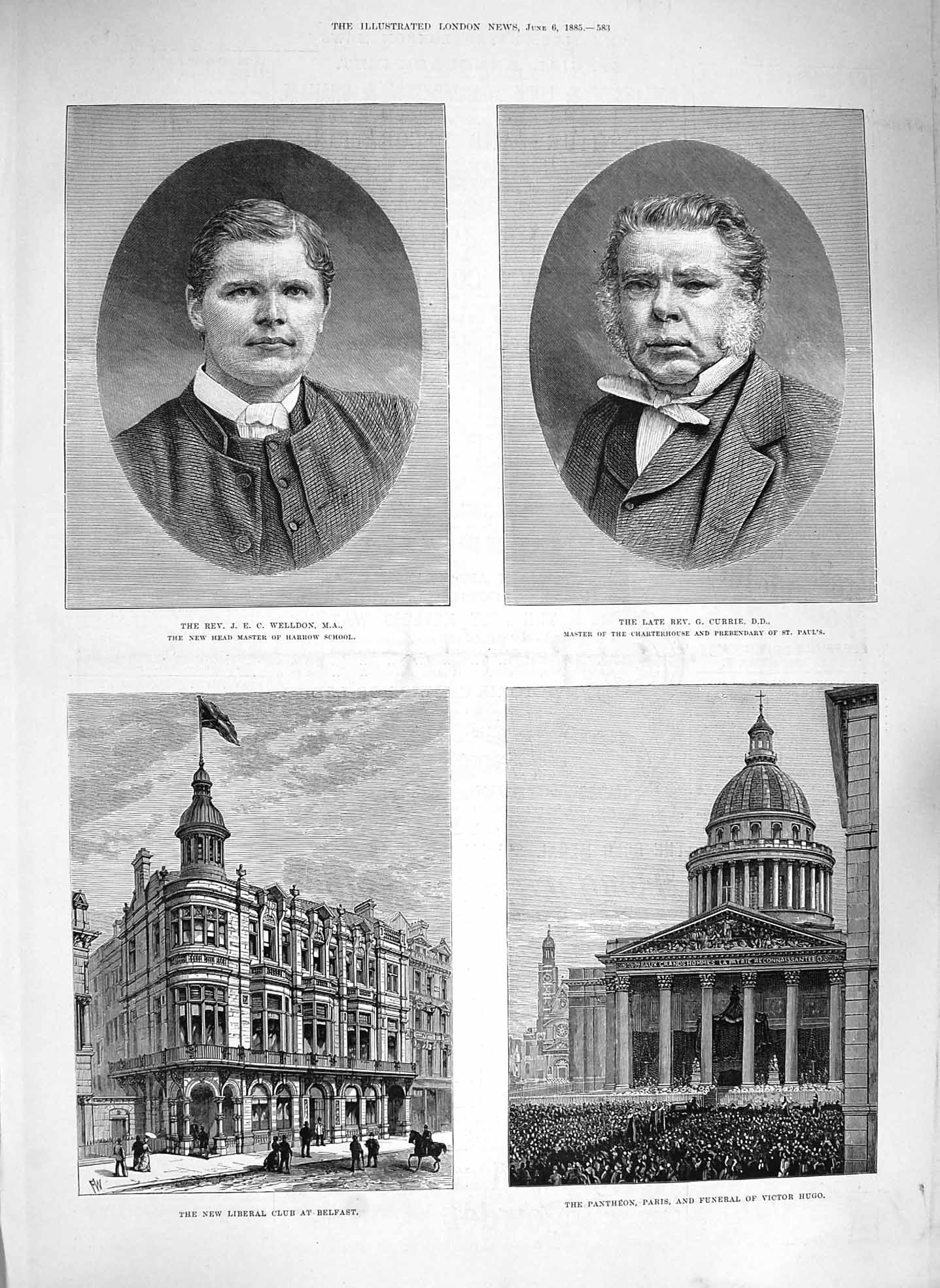 Old Antique Print 1885 Welldon Currie Liberal Club Belfast Pantheon Paris 19th