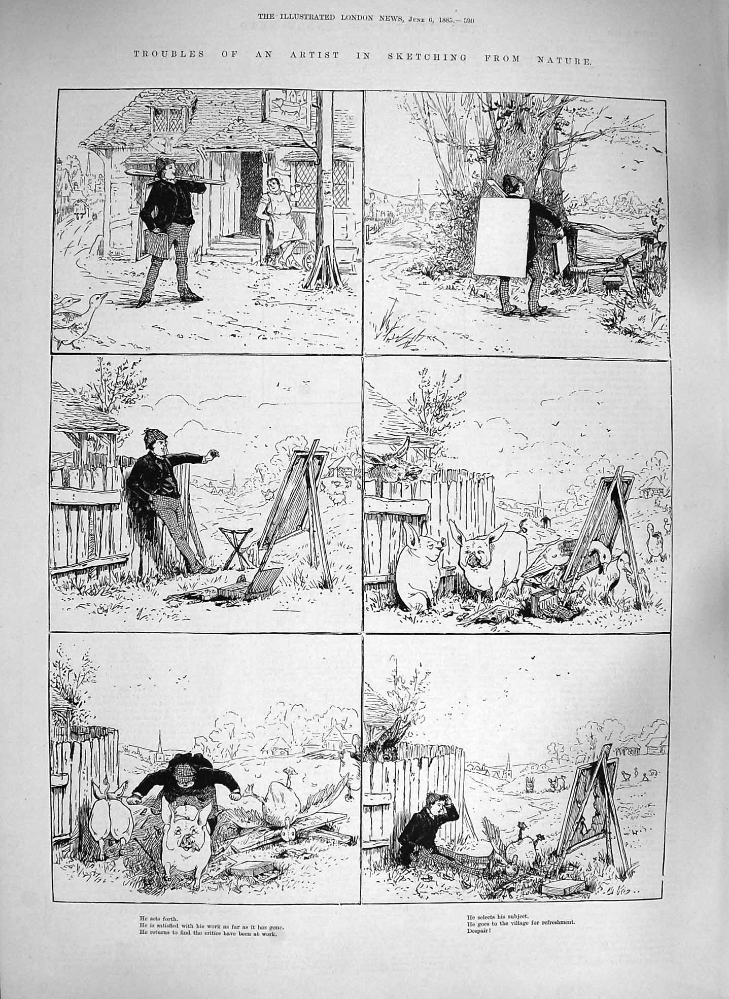 Original Old Antique Print 1885 Nature Artist Troubles Animals Painting Country