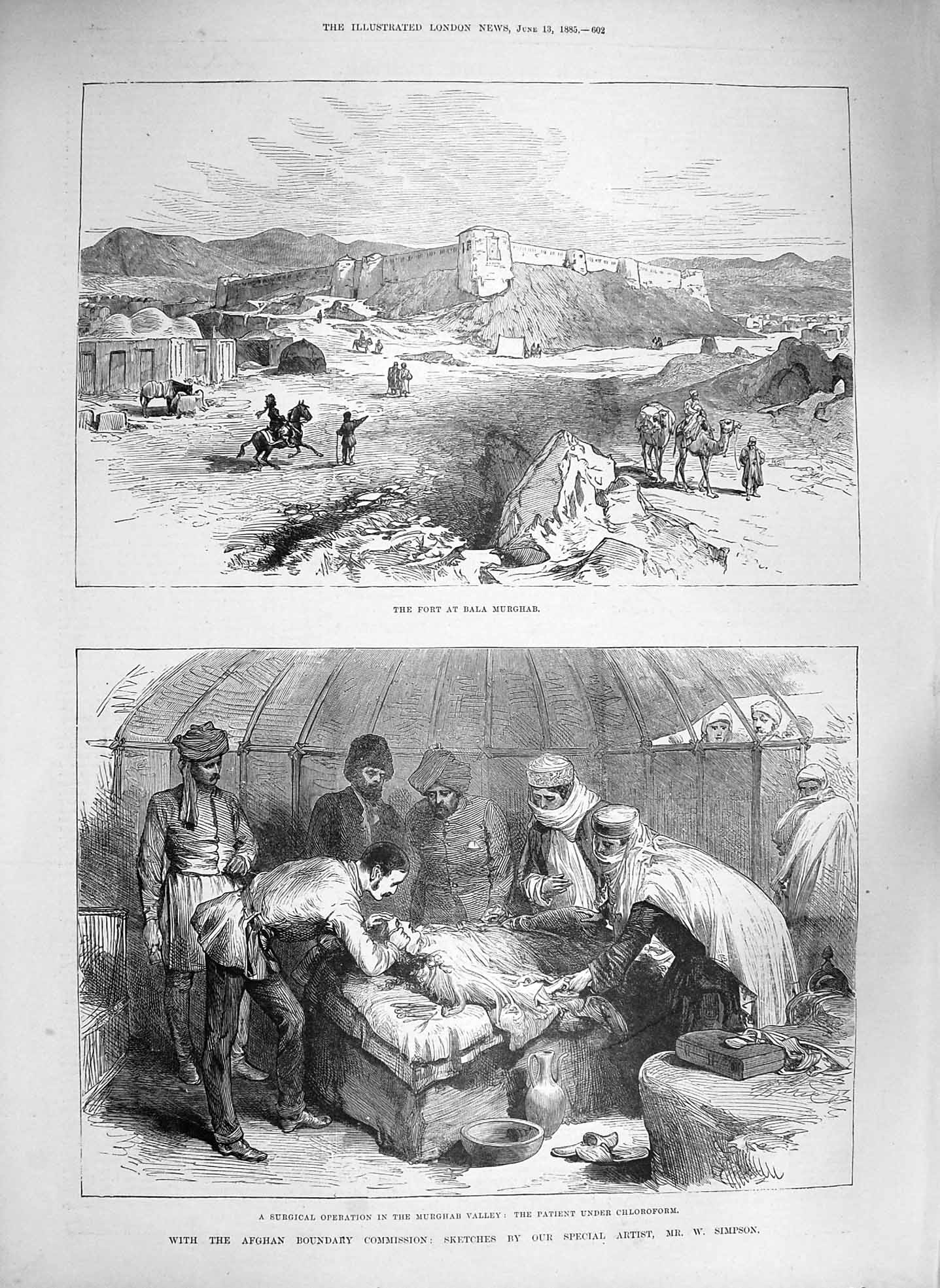 Original Old Antique Print 1885 Fort Bala Murghab Afghan Surgery Chlorof 19th