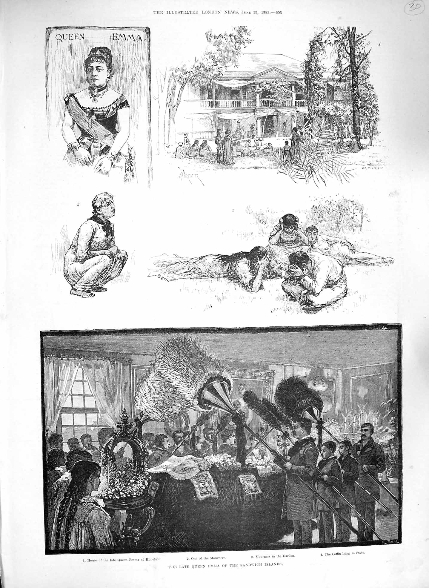 Original Old Antique Print 1885 Funeral Queen Emma Sandwich Islands H Victorian